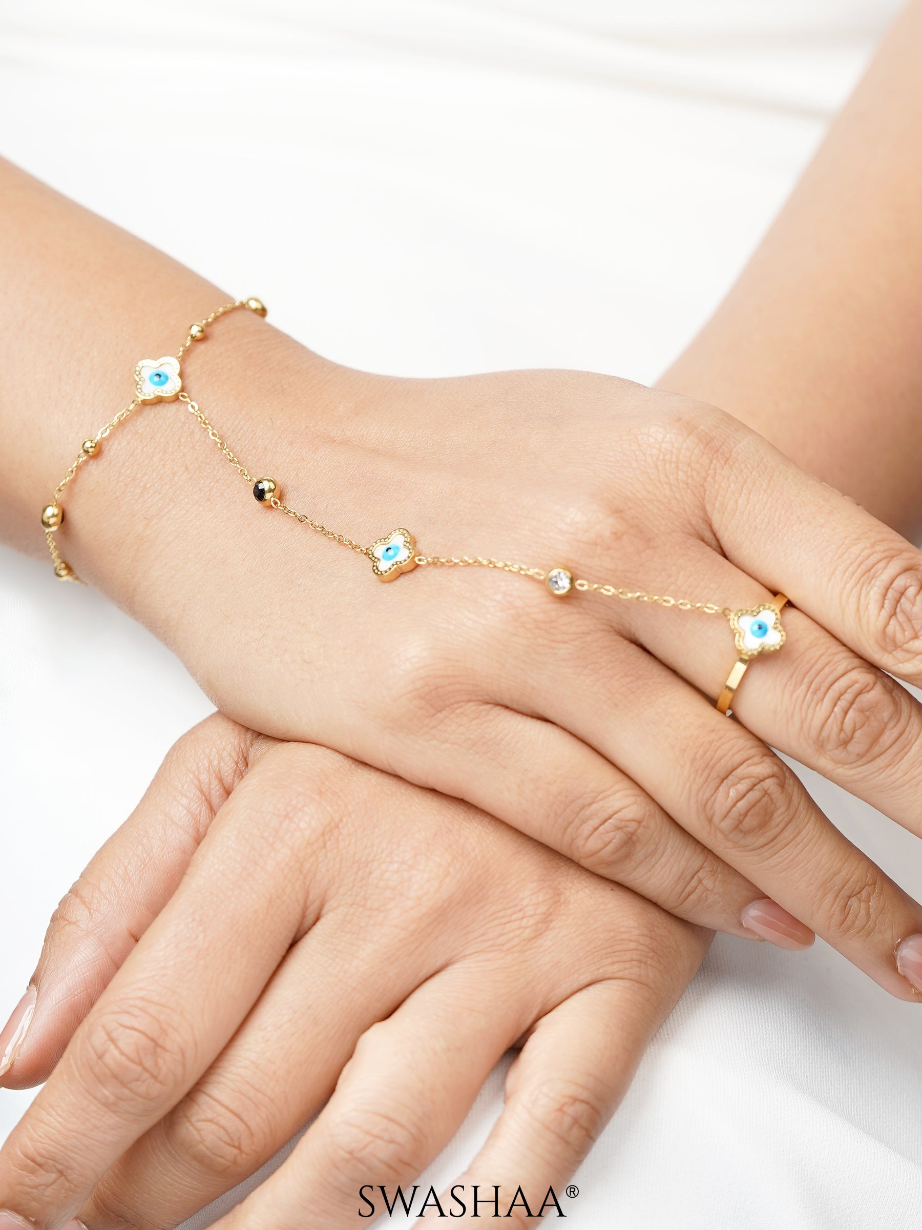 Anaya Evil Eye Clover 18K Gold Plated Ring Bracelet