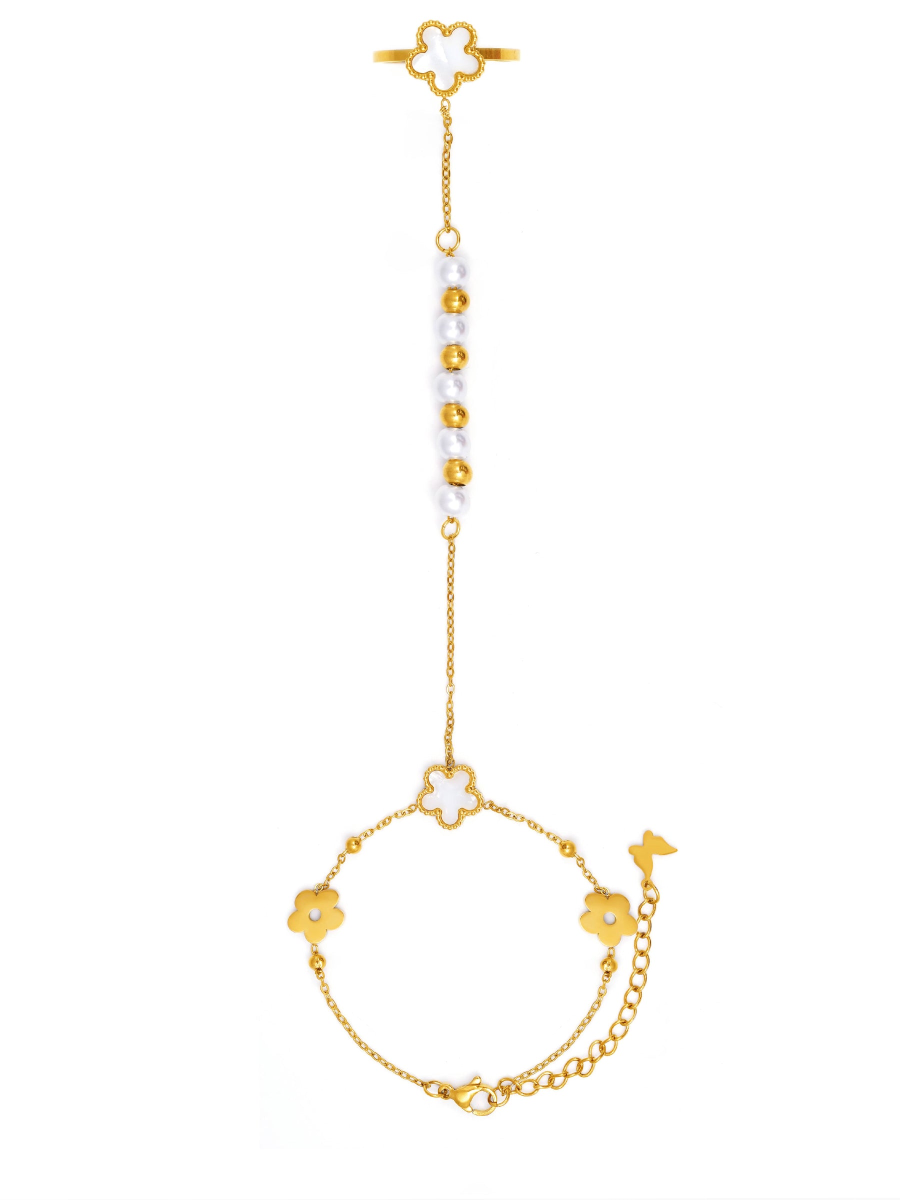 Anvika White Enamel Flower 18K Gold Plated Ring Bracelet Gold