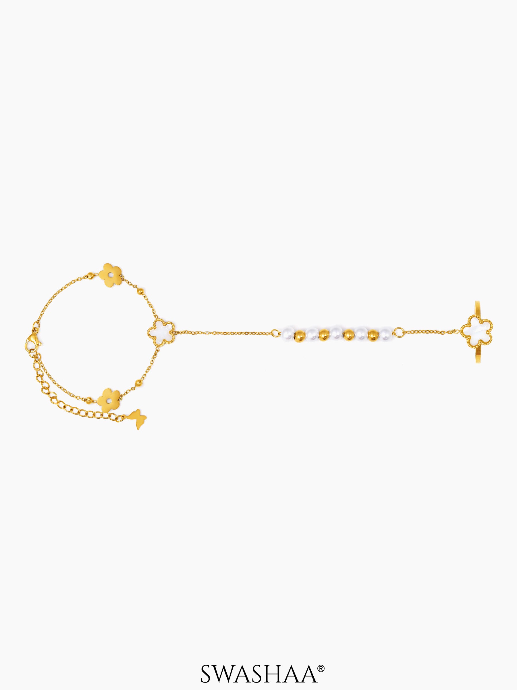 Anvika White Enamel Flower 18K Gold Plated Ring Bracelet