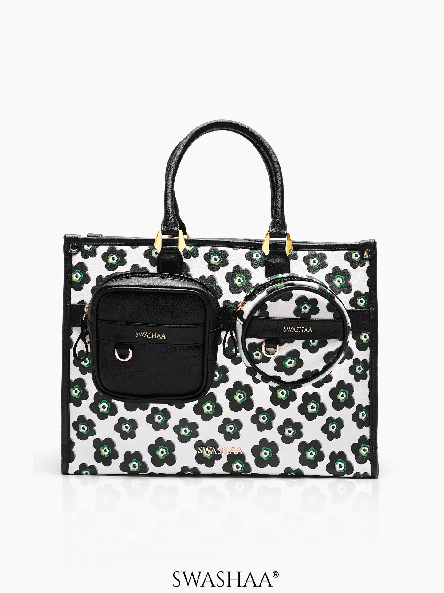 Blossom Leather Tote Bag Black & Green Floral