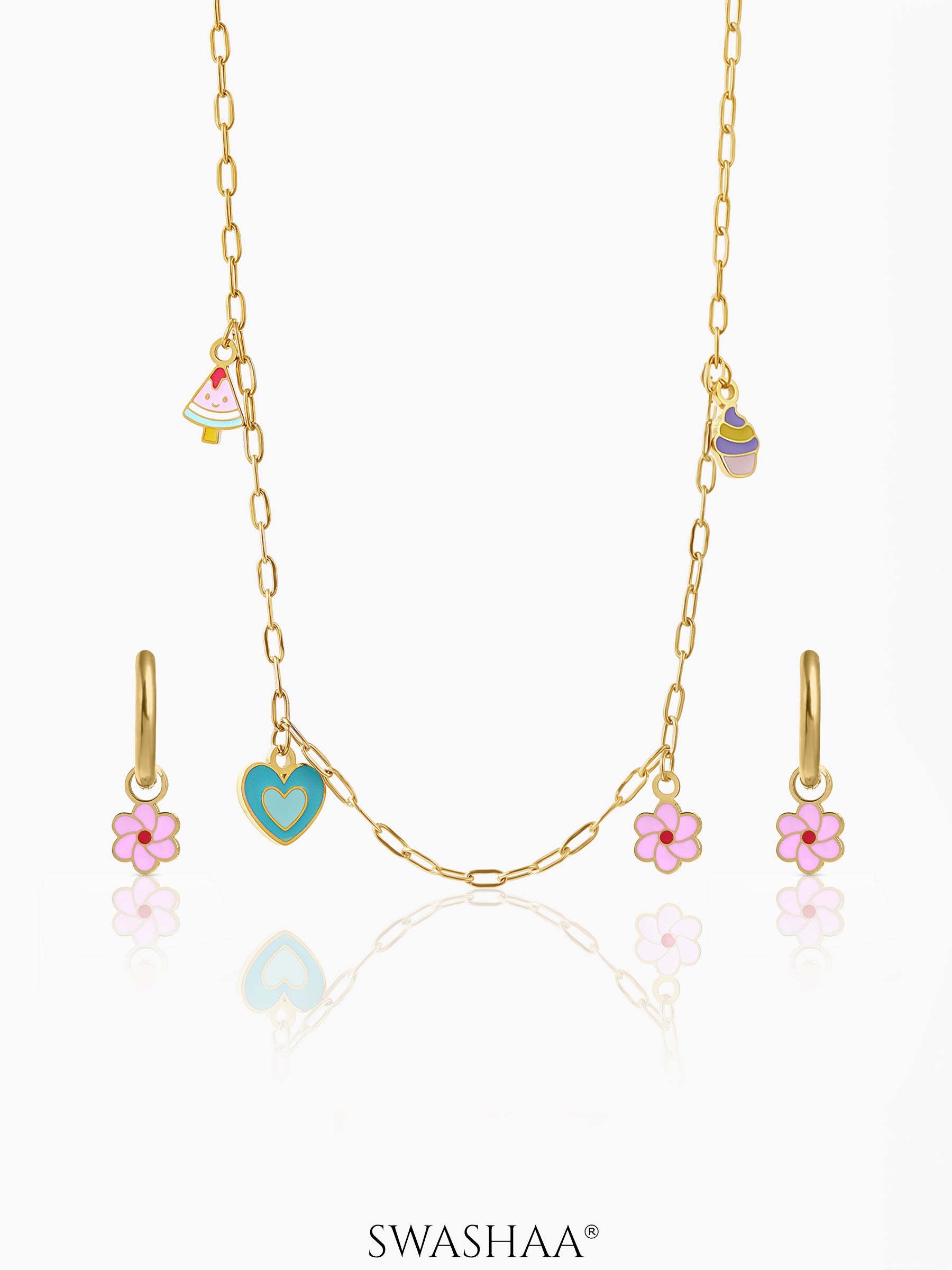 Blossom Love Charms Kid's Jewelry Set Of 2 - Necklace & Earrings 18K Gold Plated