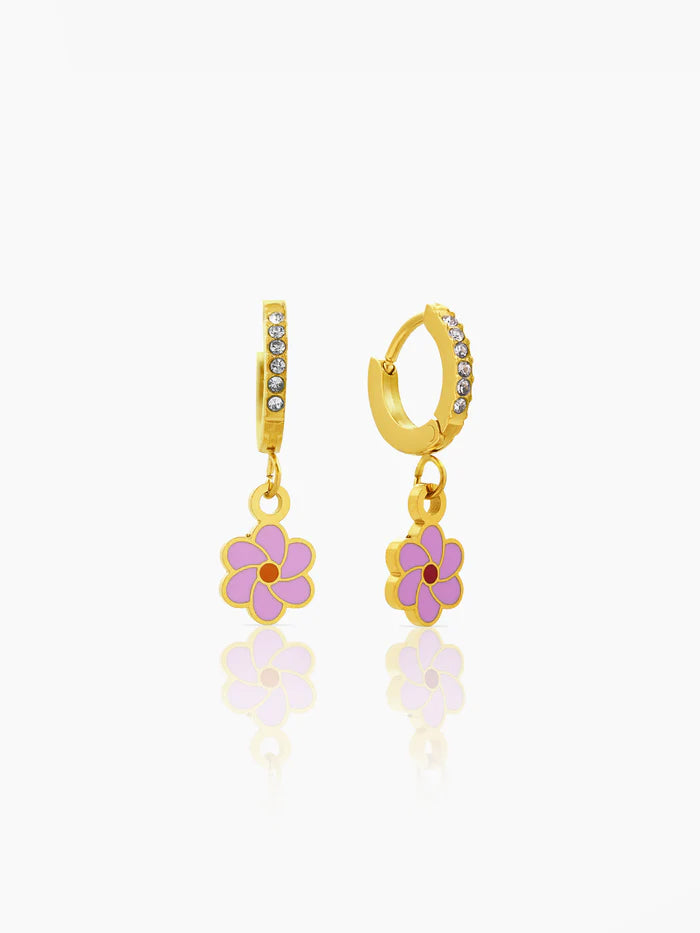 Blossom Pink Flower Charm 18K Gold Plated Kid's Hoops Earrings Gold