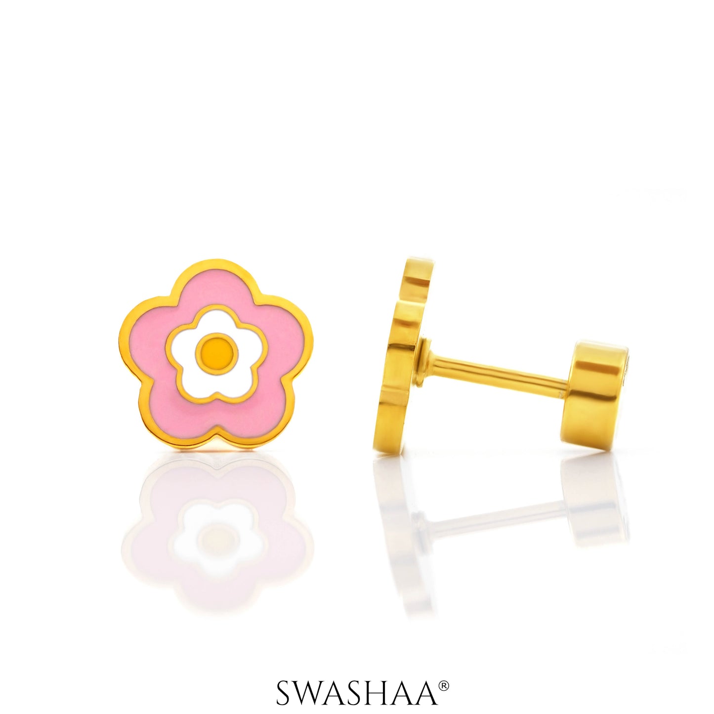 Blush Pink Flower Charm 18K Gold Plated Kid's Earrings Gold