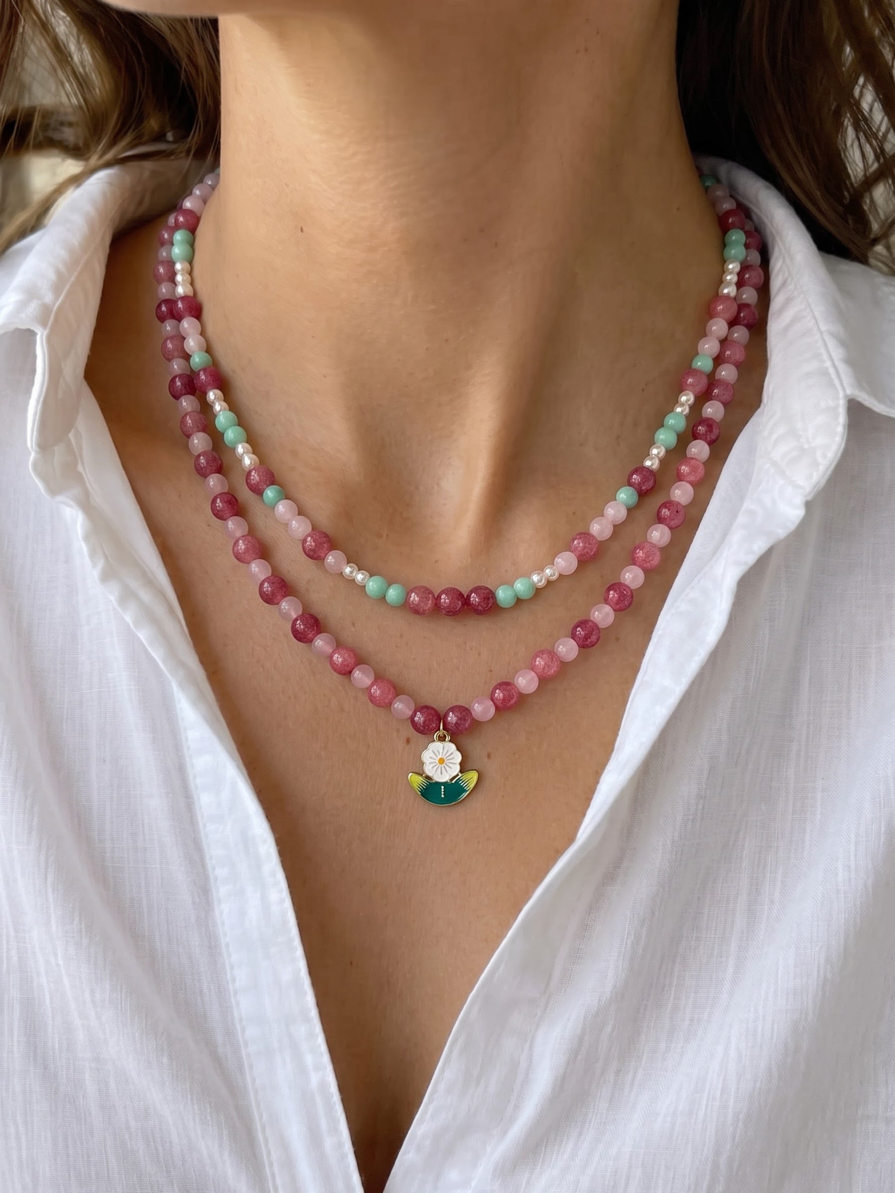 Cherry Pink Women's Layered Beaded Necklace