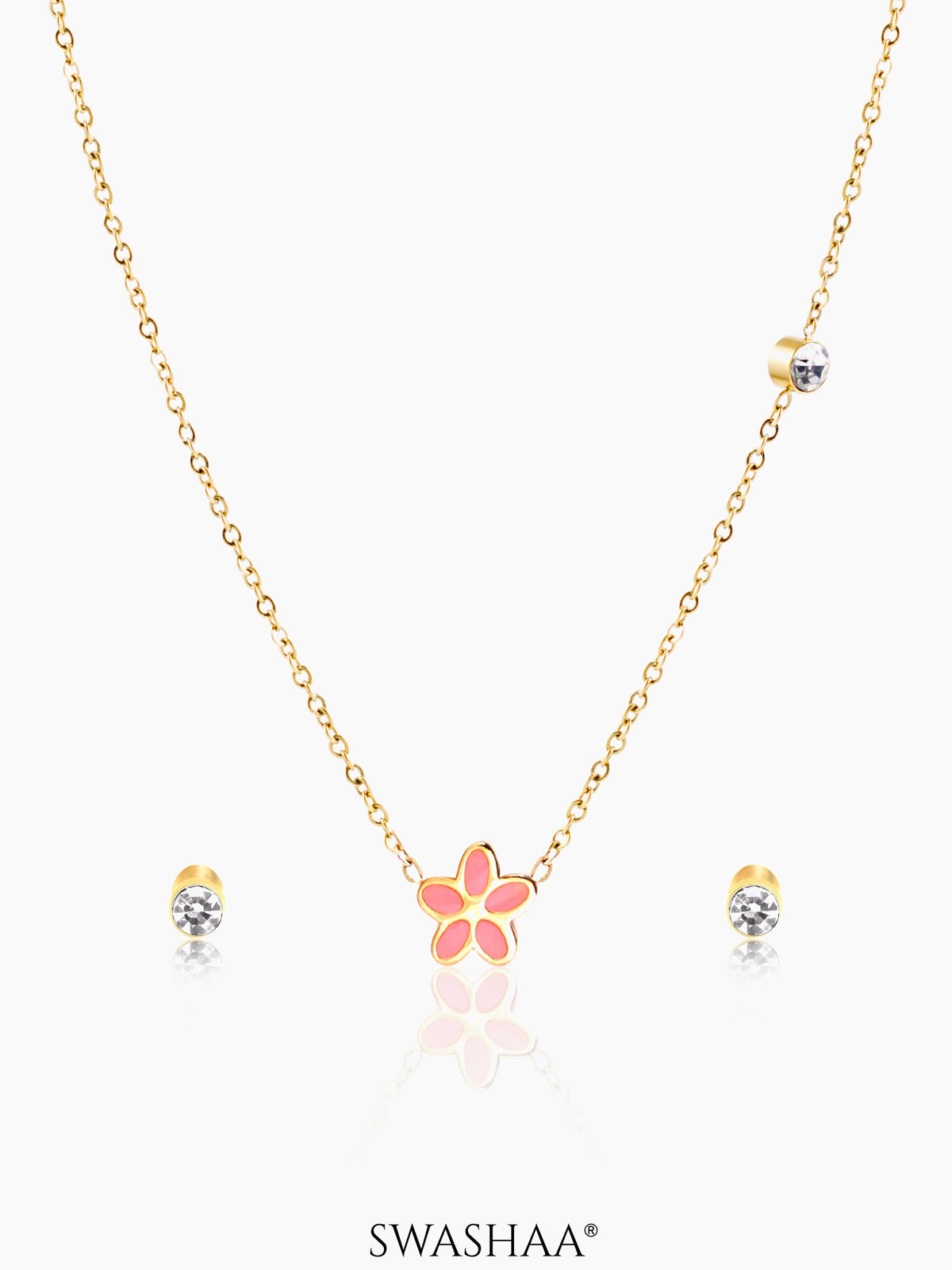 Pretty Pink Flower 18K Gold Plated Kid's Jewelry Set Of 2 – Necklace & Earrings Gold
