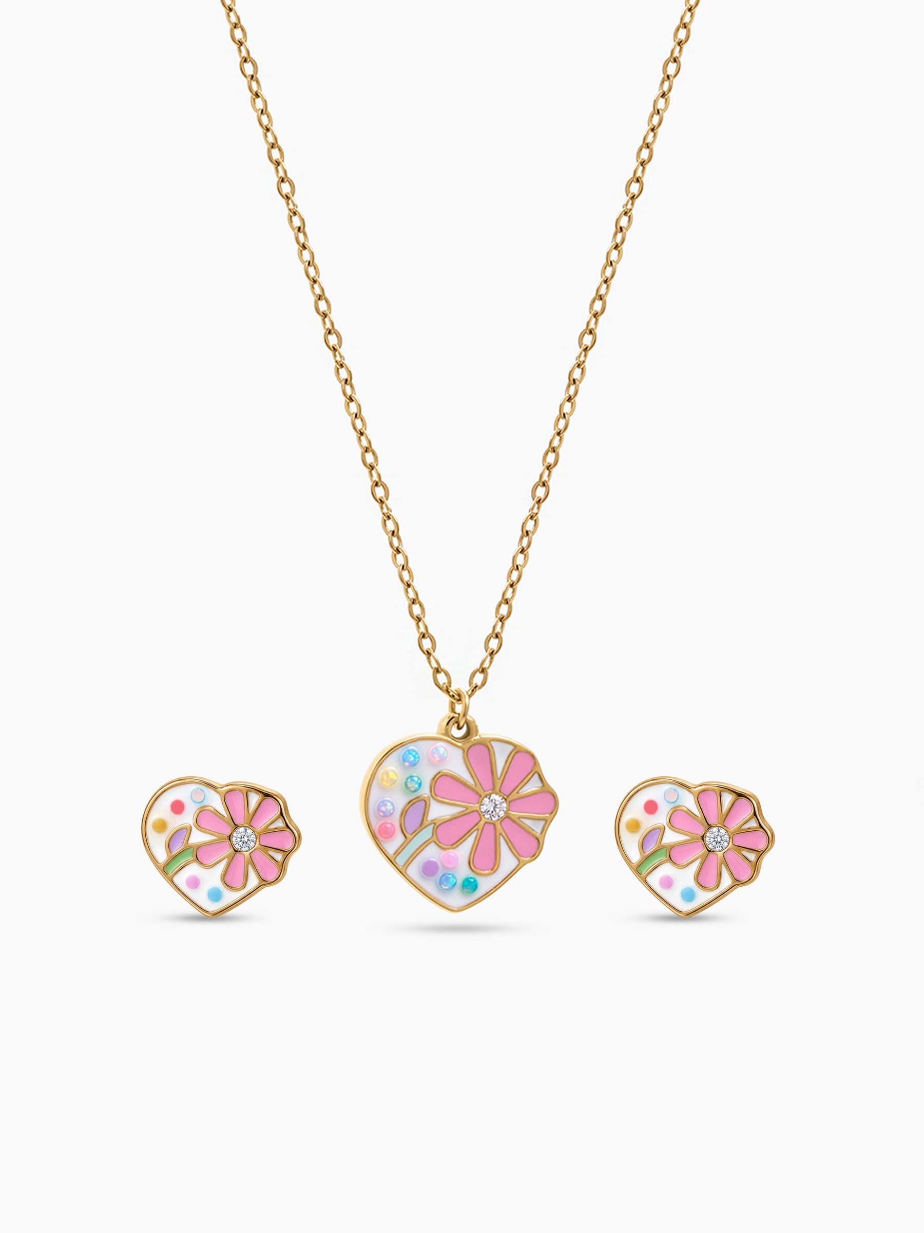 Dolly Flower Heart 18K Gold Plated Kid's Jewelry Set Of 2 - Necklace & Earrings Gold