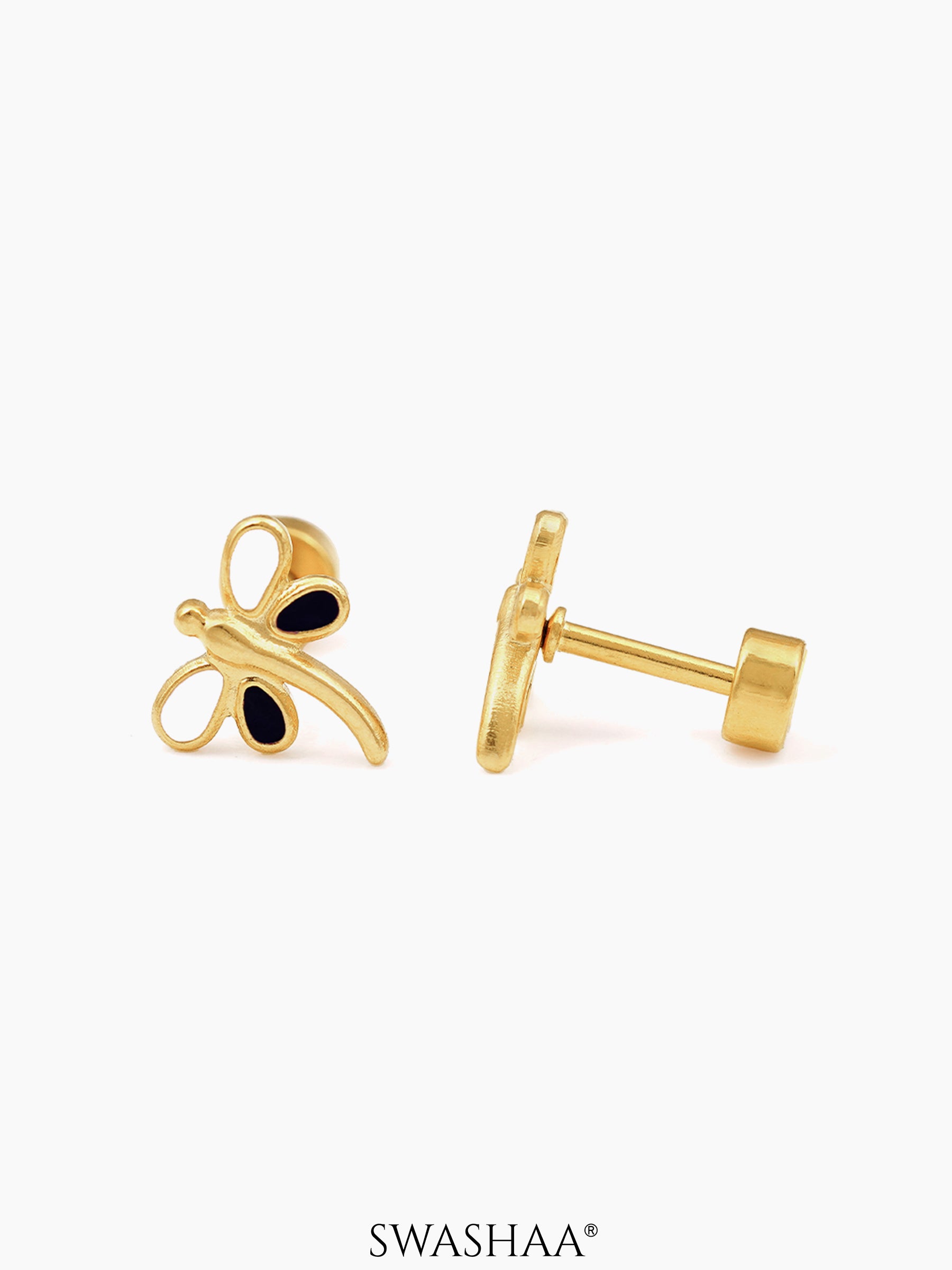 Dragonfly 18K Gold Plated Kid's Earrings White - Black