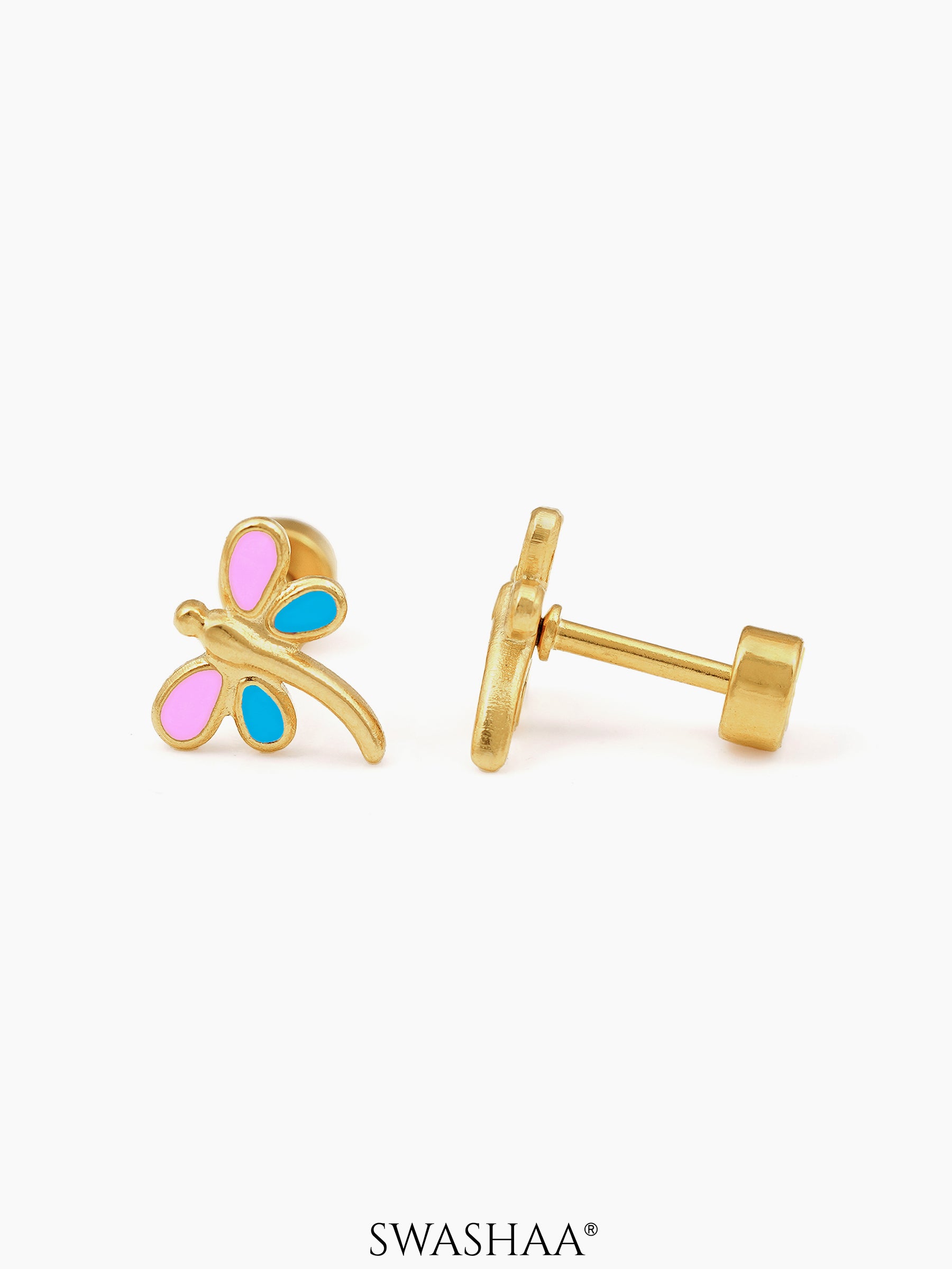Dragonfly 18K Gold Plated Kid's Earrings Pink - Sky Blue
