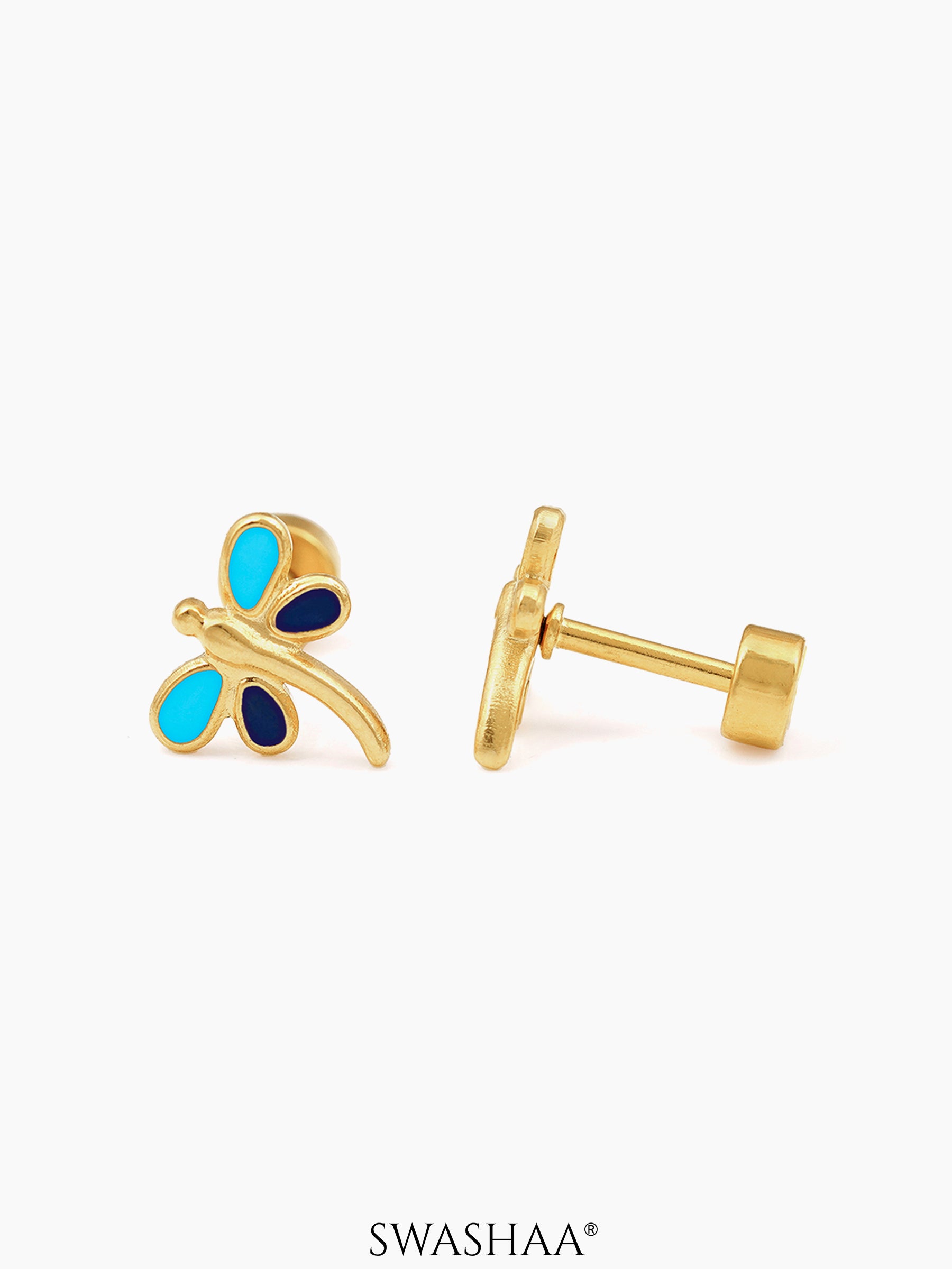 Dragonfly 18K Gold Plated Kid's Earrings Sky Blue - Navy Blue