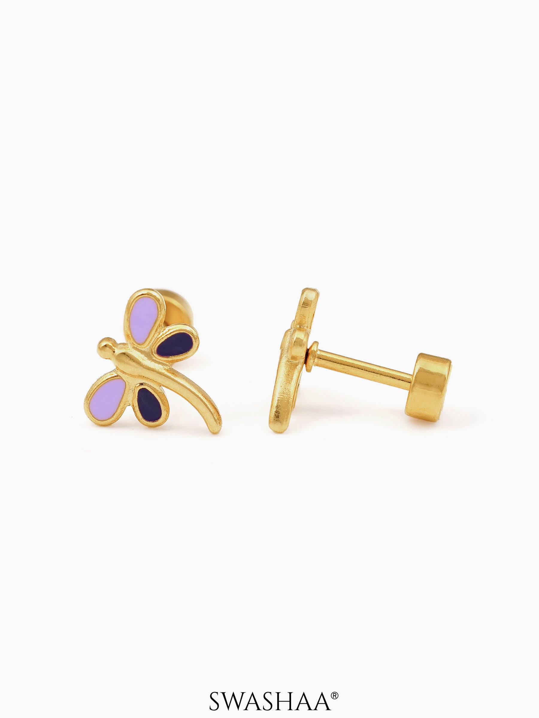 Dragonfly 18K Gold Plated Kid's Earrings Lavender - Purple