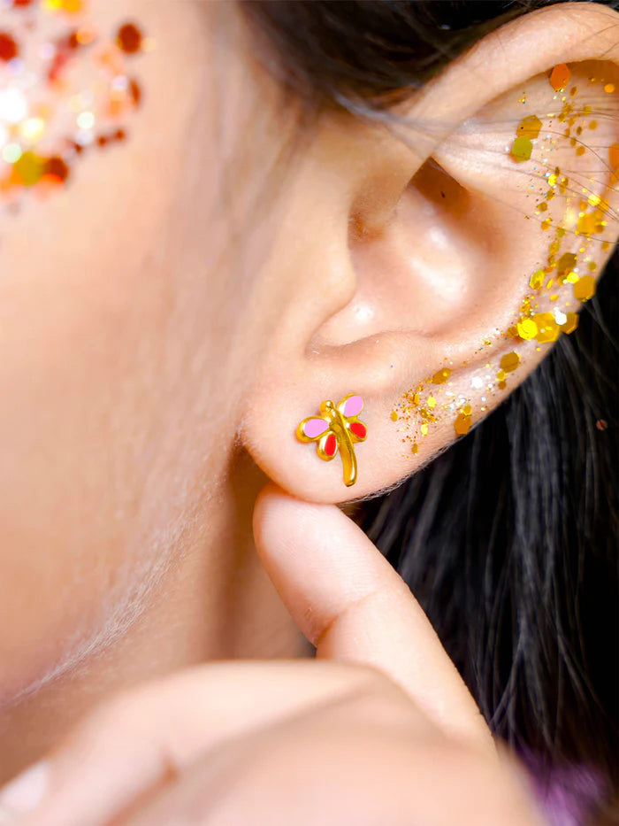 Dragonfly Pink - Red 18K Gold Plated Kid's Earrings