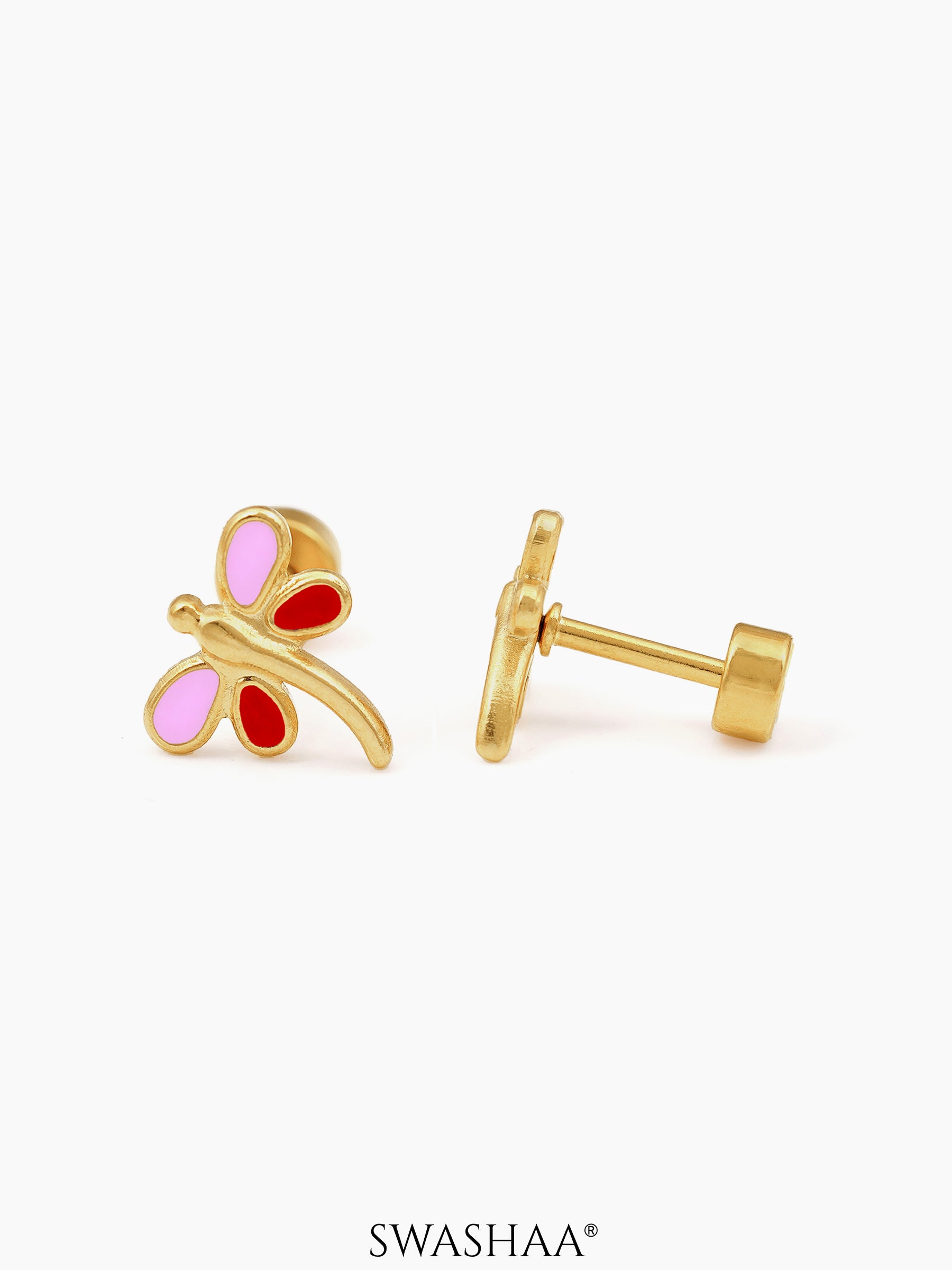 Dragonfly 18K Gold Plated Kid's Earrings Pink - Red
