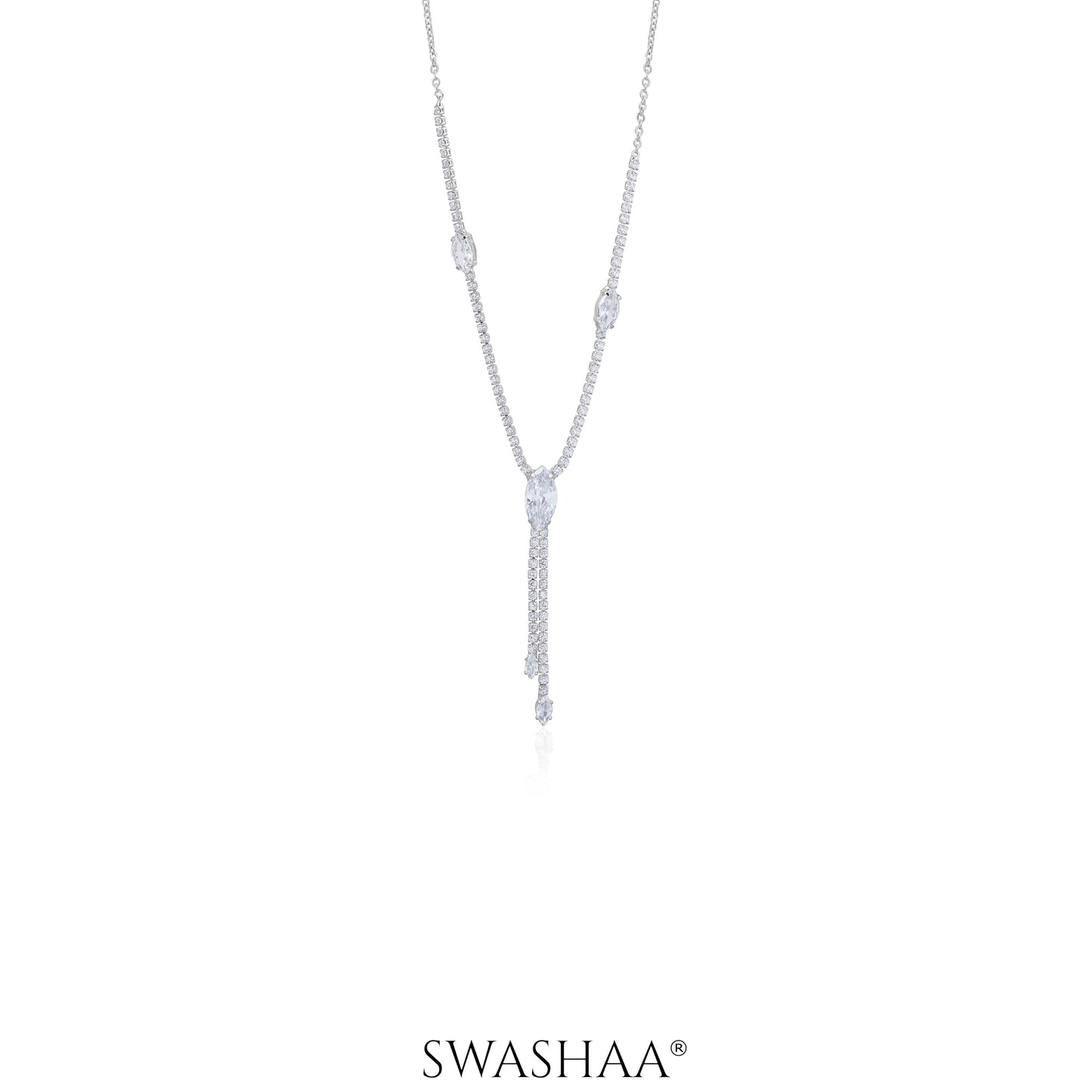 Elsie Oval Crystal Drop Y-shaped Necklace Silver