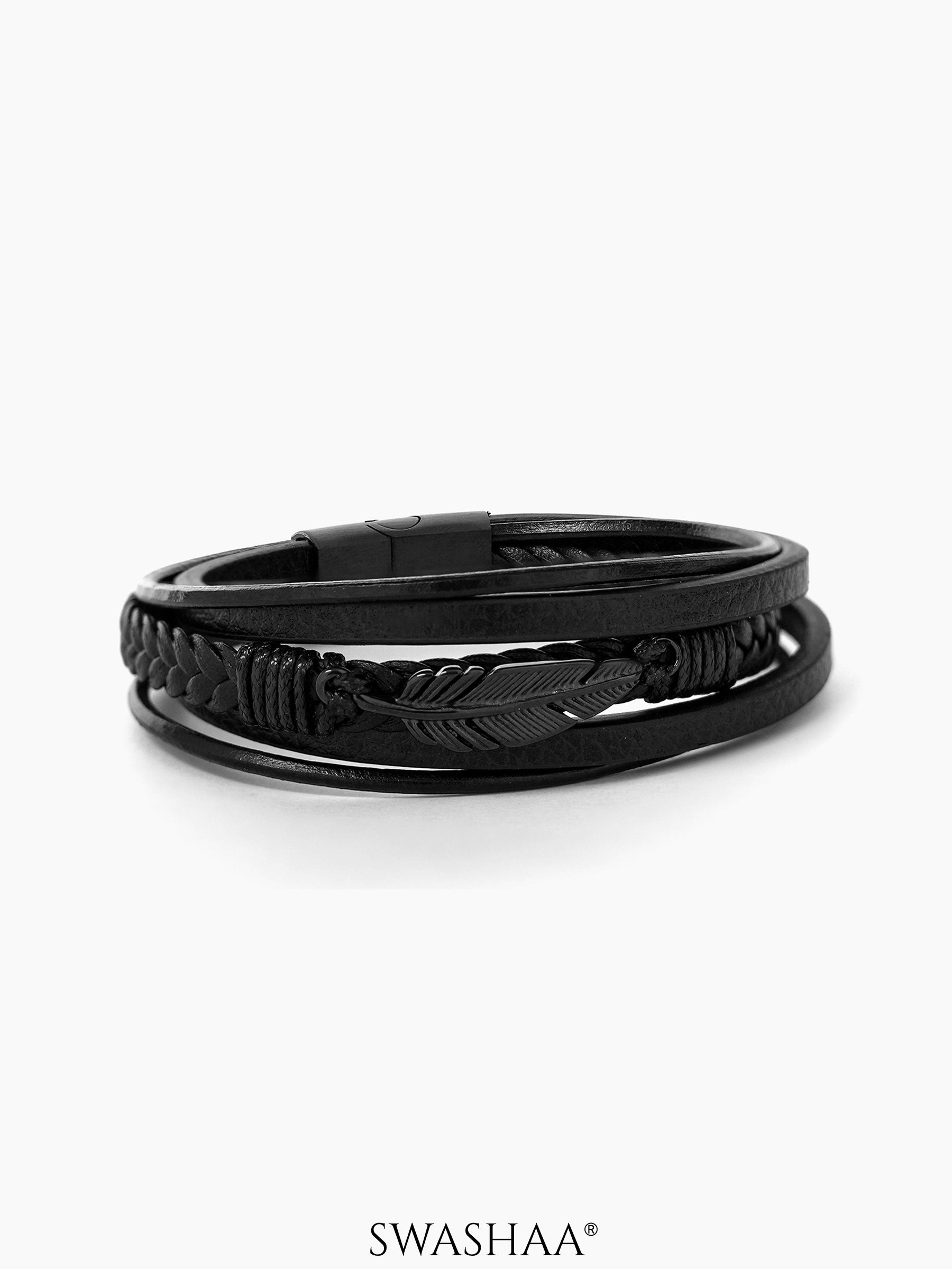 Floki Men's Leather Bracelet Black - Feather