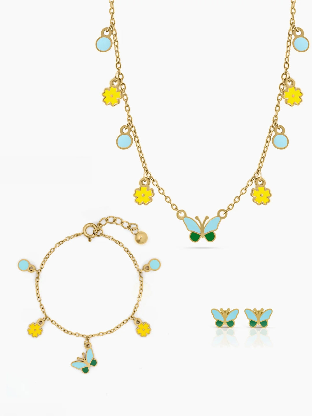 Furry Butterfly 18K Gold Plated Kid's Jewelry Set Of 3 - Necklace, Bracelet & Earrings Gold