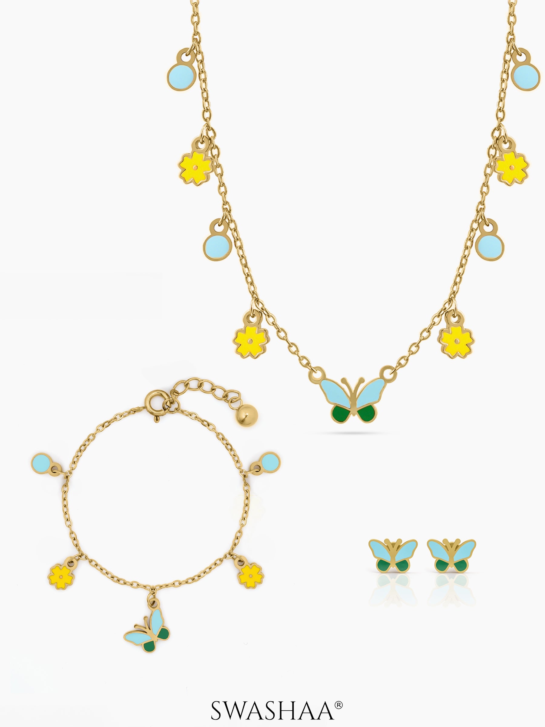 Furry Butterfly Kid's Jewlery Set Of 3 - Necklace, Bracelet & Earrings 18K Gold Plated