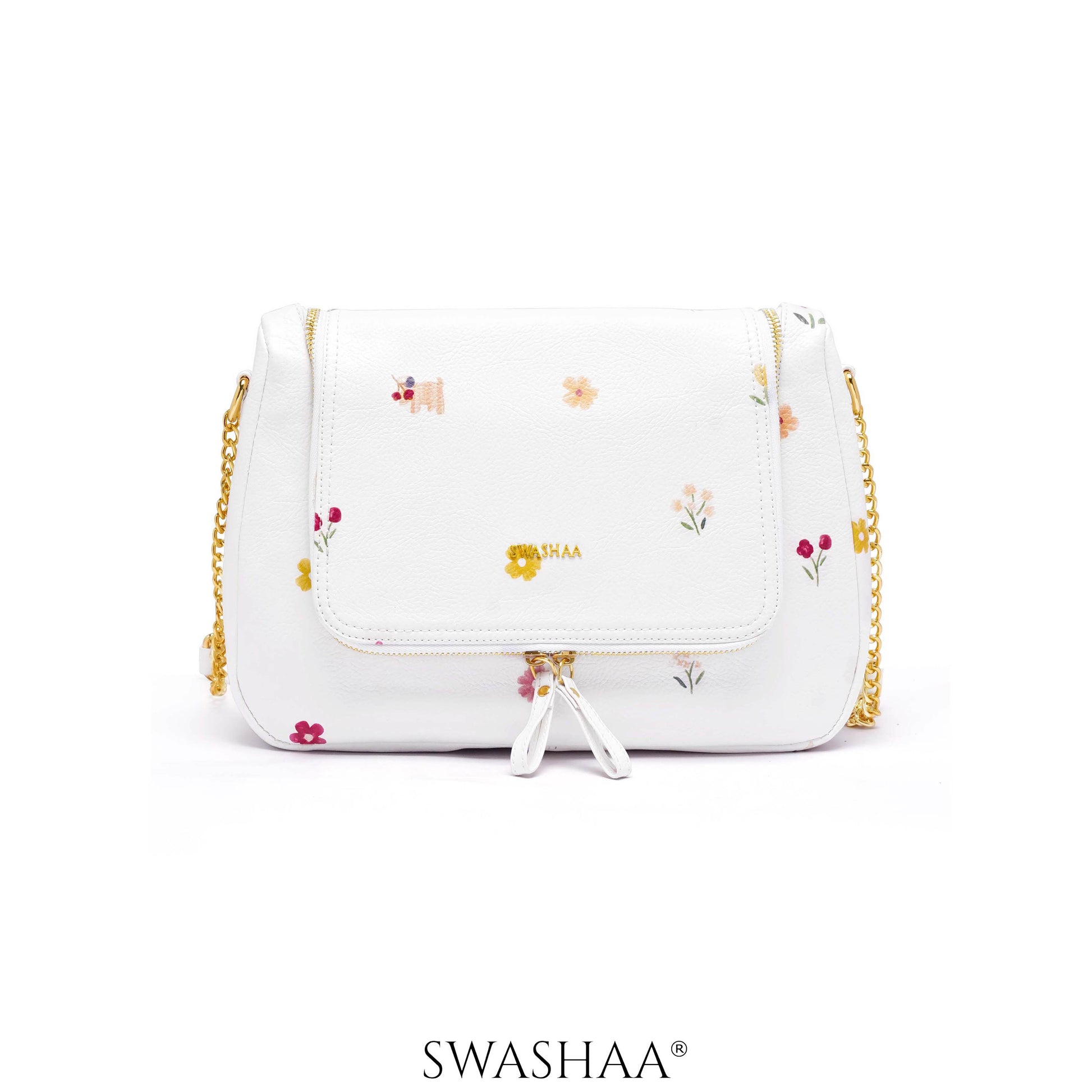 Garden Gems White Leather Shoulder Bag White Floral