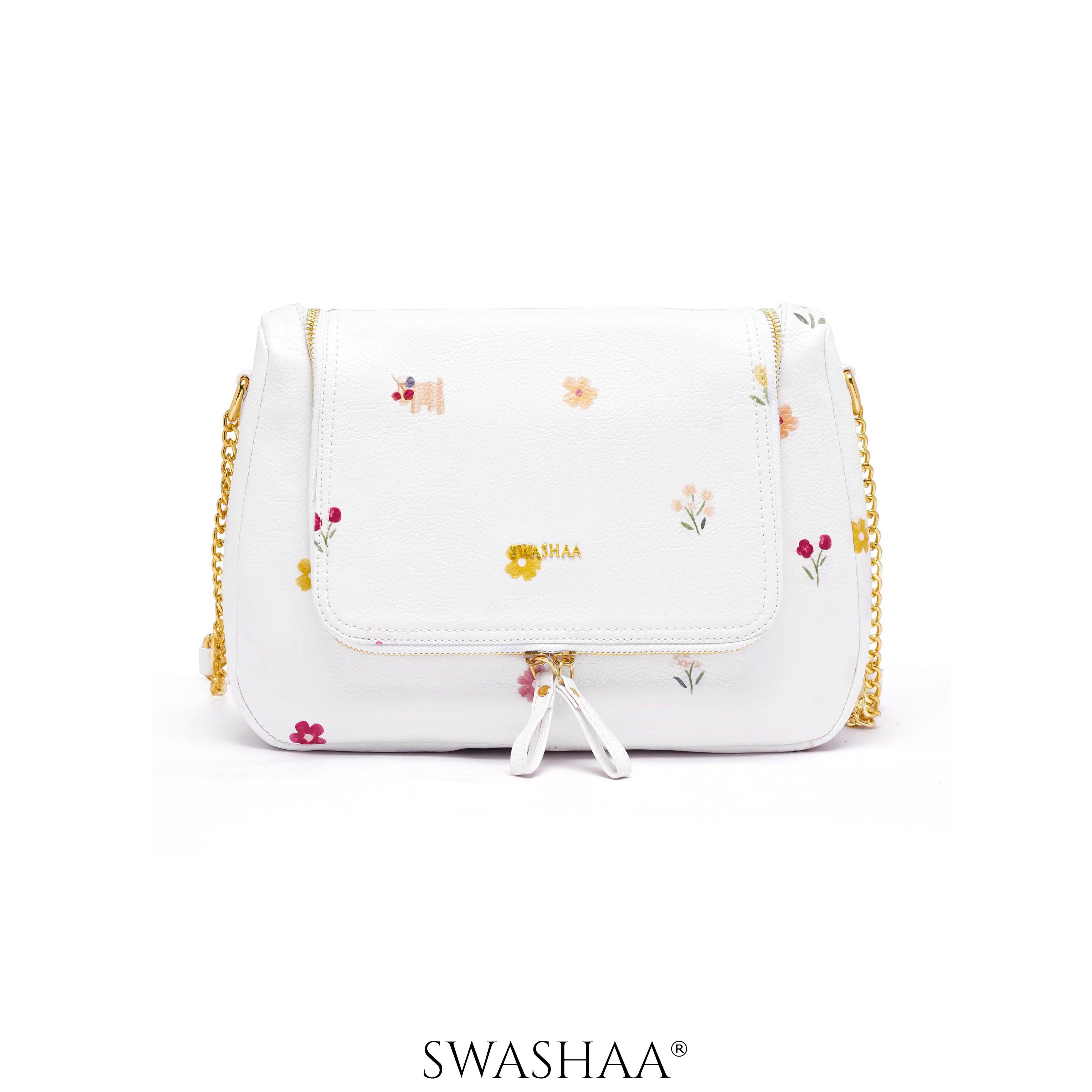 Garden Gems White Leather Shoulder Bag White Floral