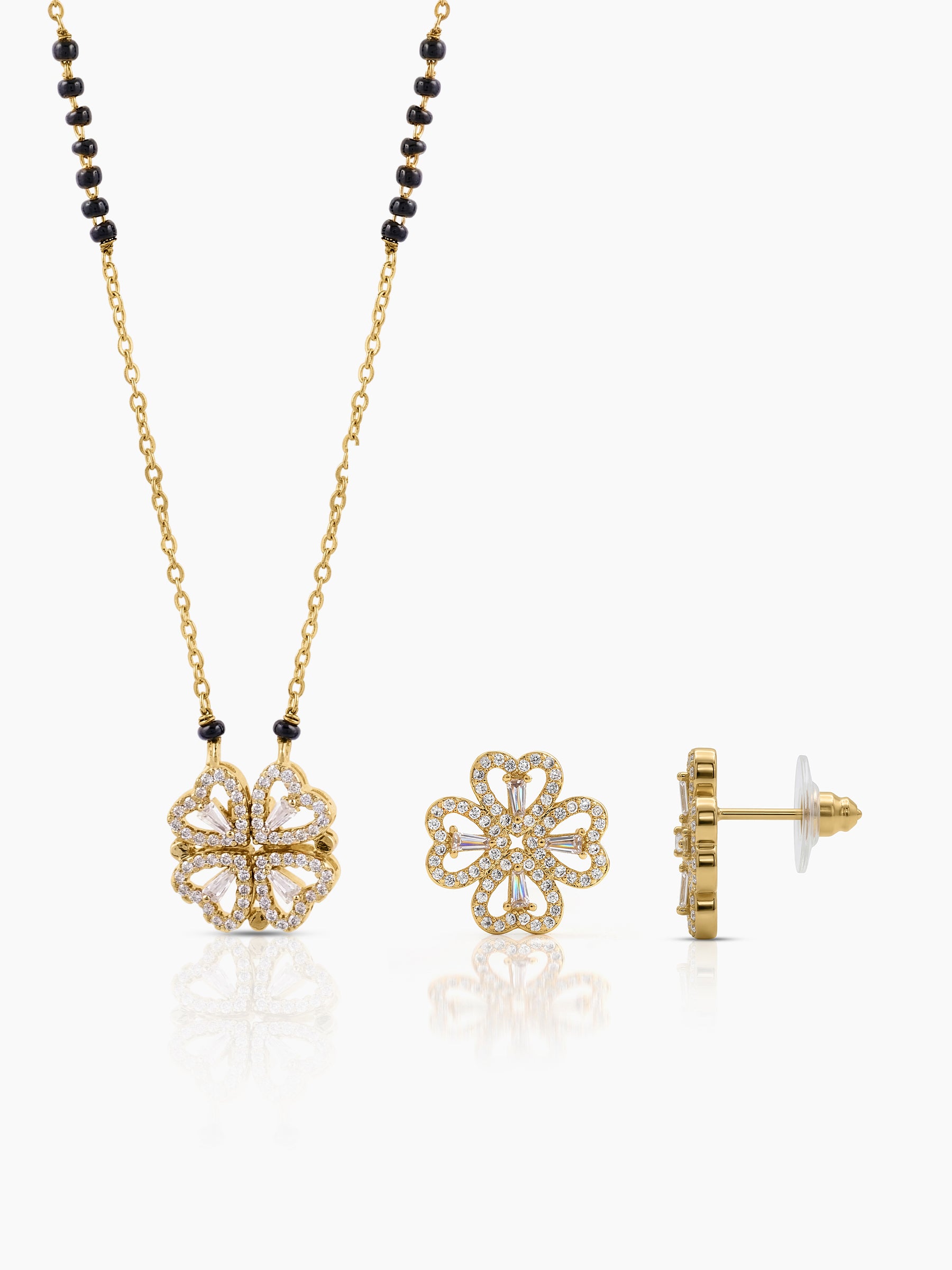 Gleaming Clover 18K Gold Plated Mangalsutra Jewelry Set Of 2 - Necklace & Earrings Gold