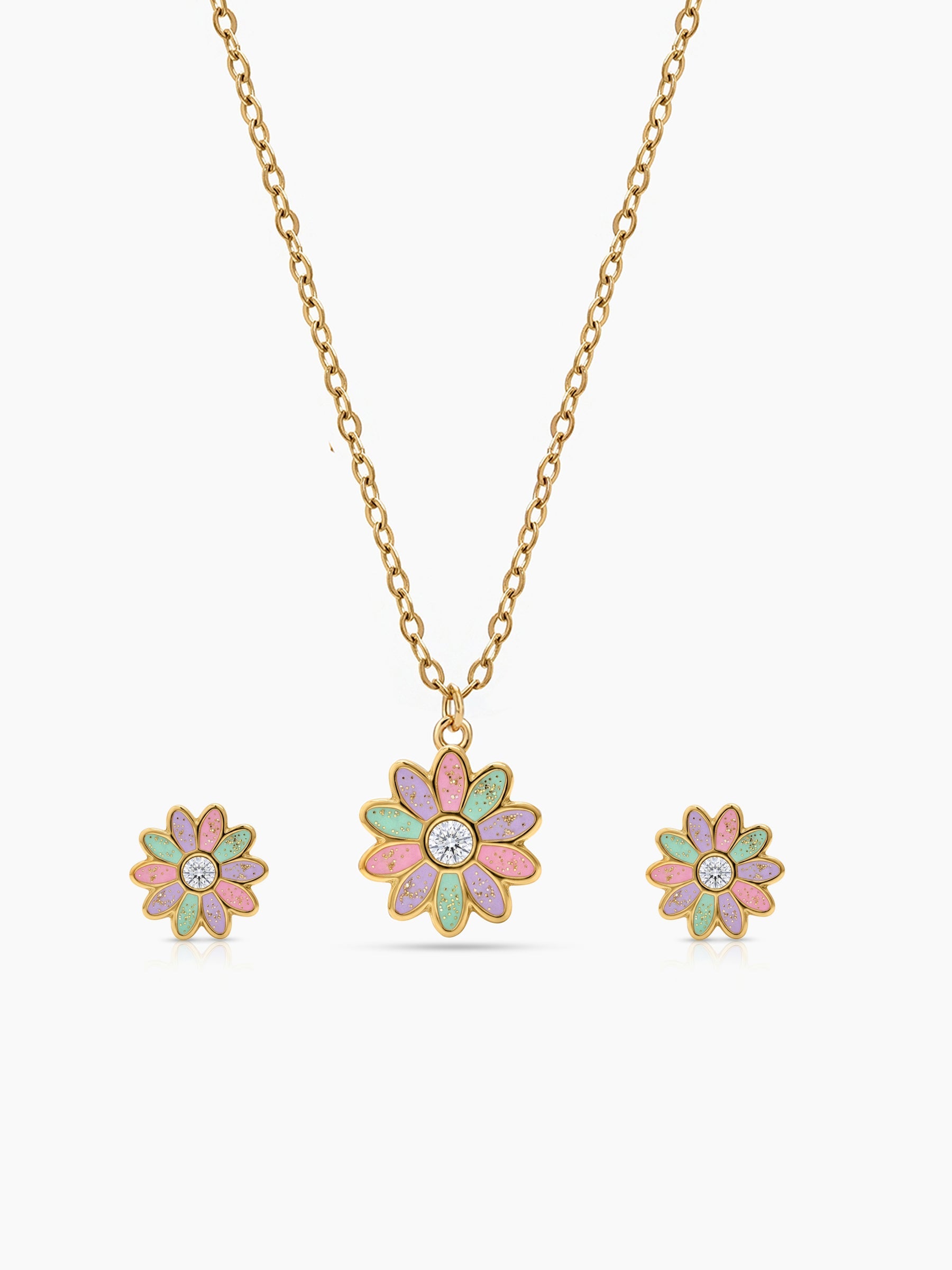 Jolly Flower Solitaire 18K Gold Plated Kid's Jewelry Set Of 2 - Necklace & Earrings Gold