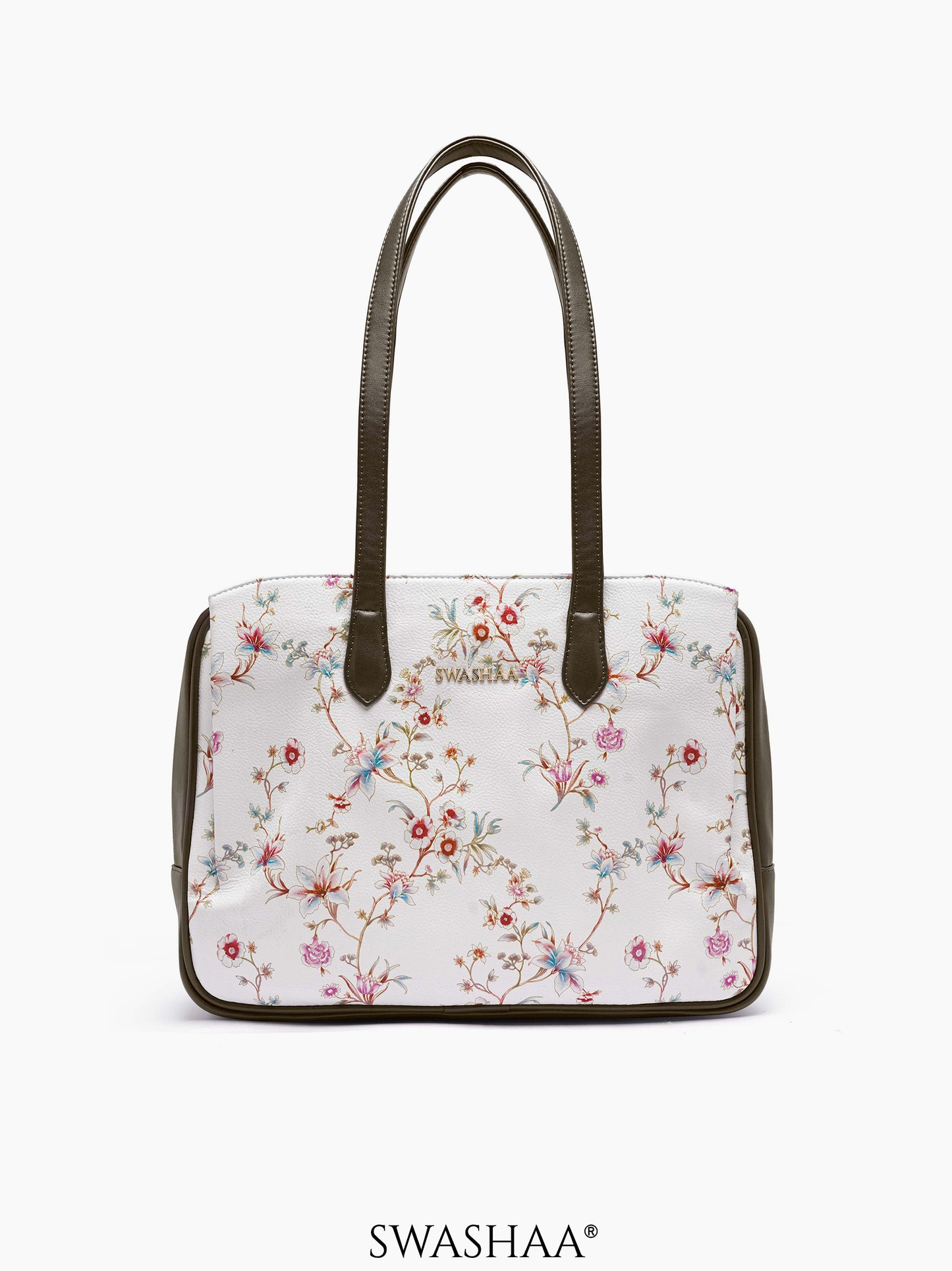 Lavish Loom Leather Tote Bag White Floral - Olive Green
