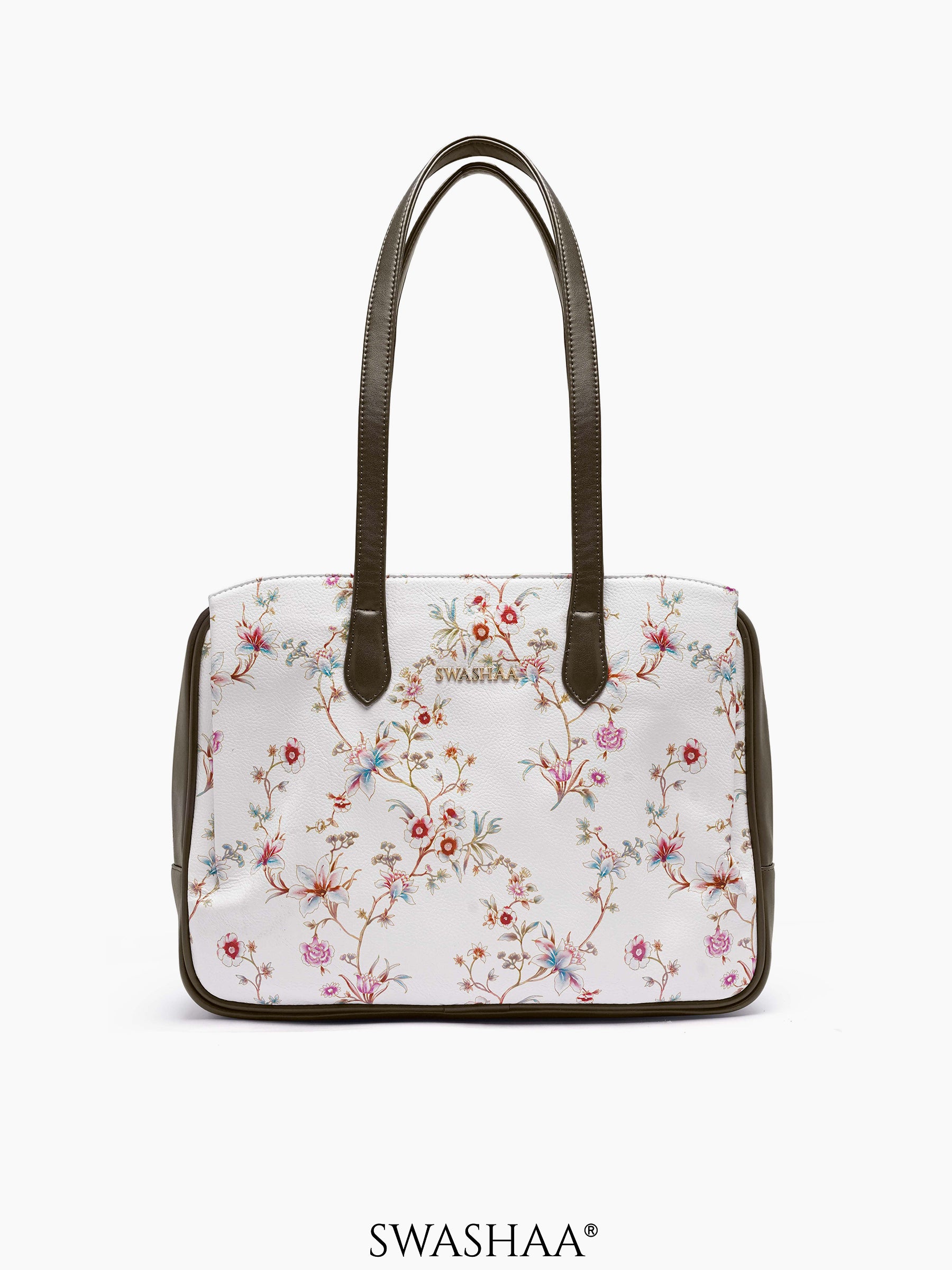 Lavish Loom Leather Tote Bag White Floral - Olive Green