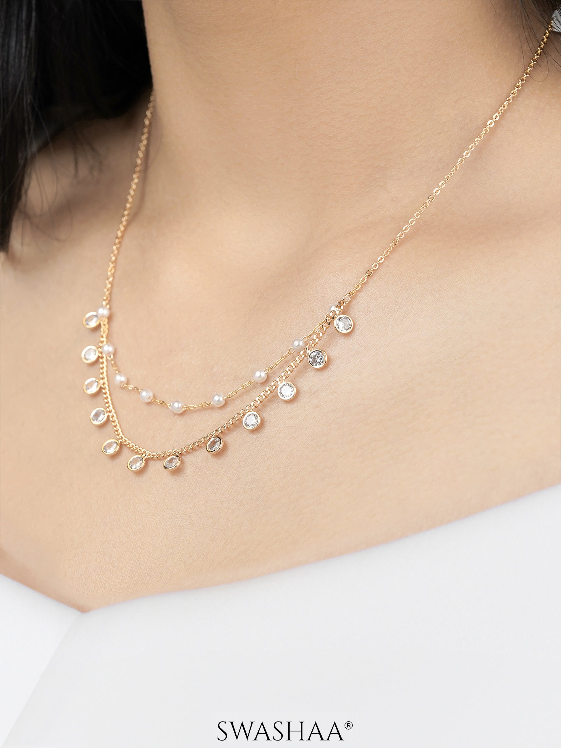 Liza Pearl Lariat Diamond Charms 18K Gold Plated Choker