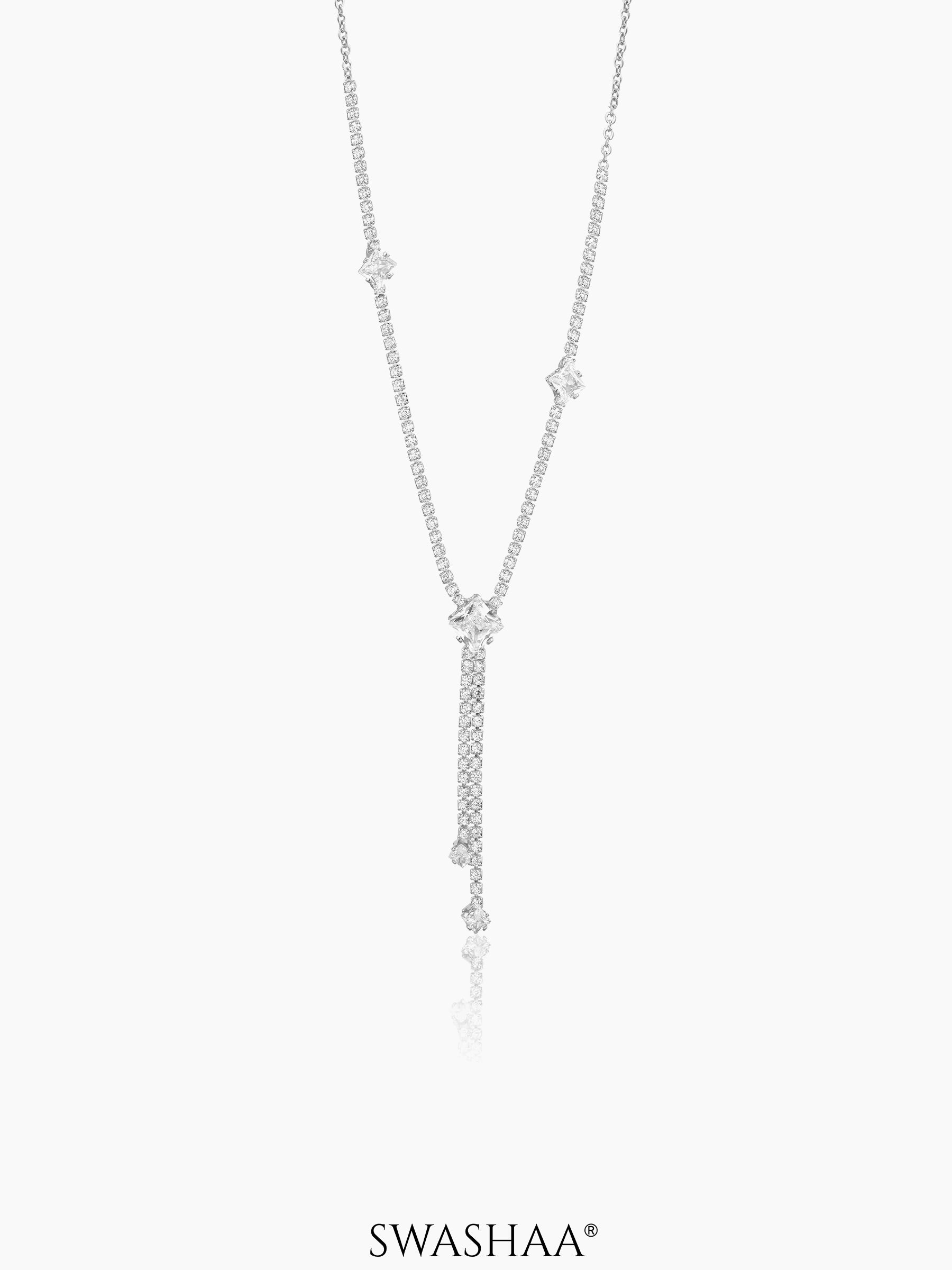 Mila Square Crystal Drop Y-shaped Necklace Silver