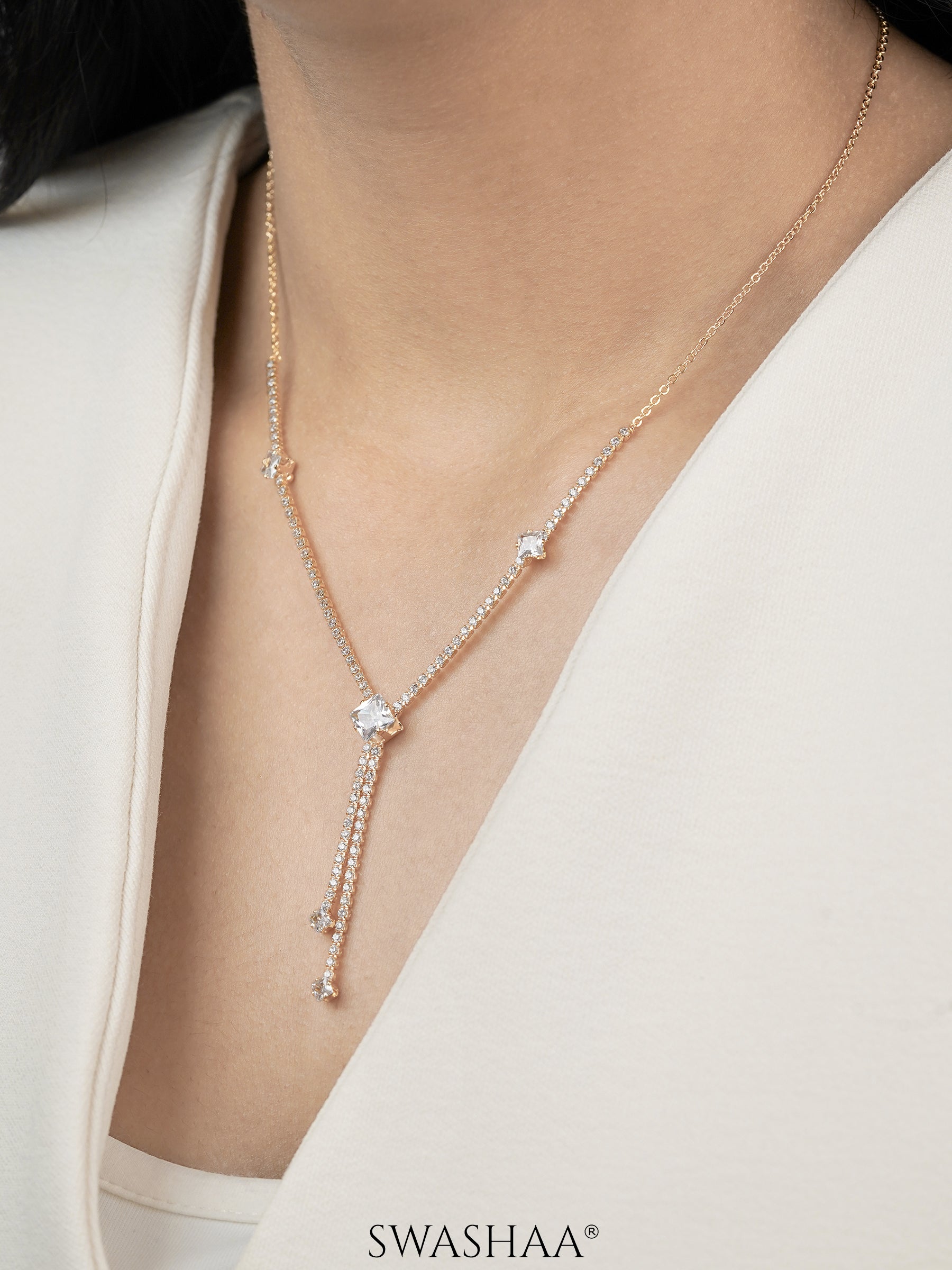 Mila Square Crystal Drop Y-shaped Necklace