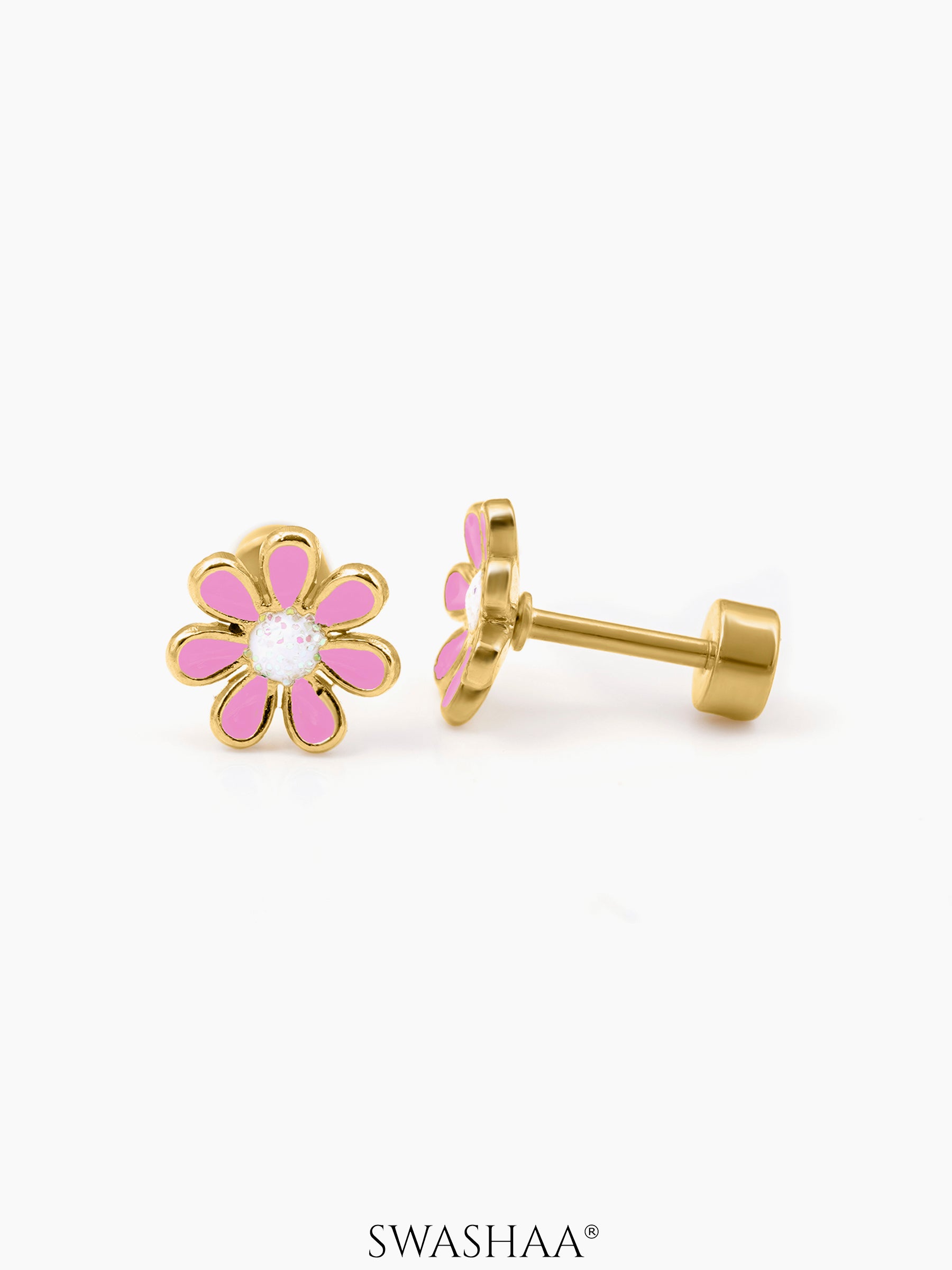 Miss Flower 18K Gold Plated Kid's Earrings Pink