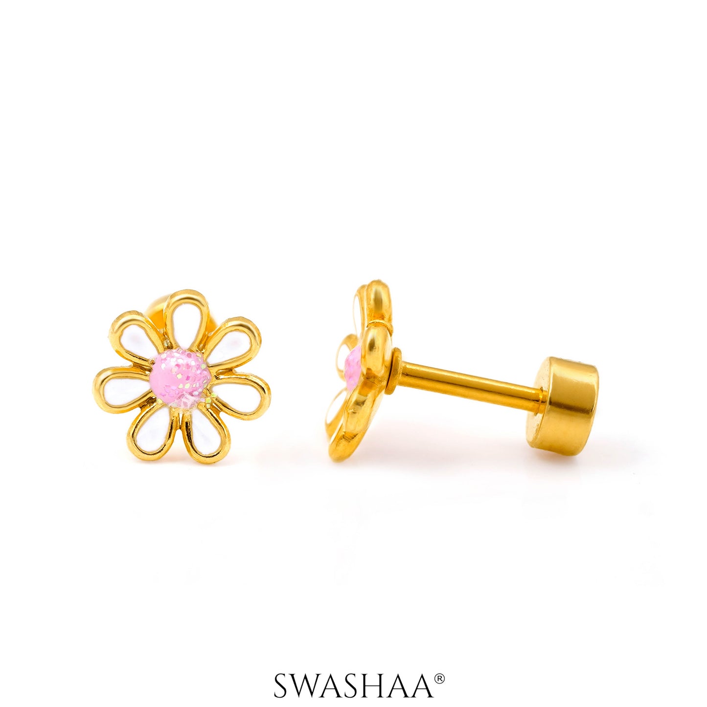 Miss Flower 18K Gold Plated Kid's Earrings White