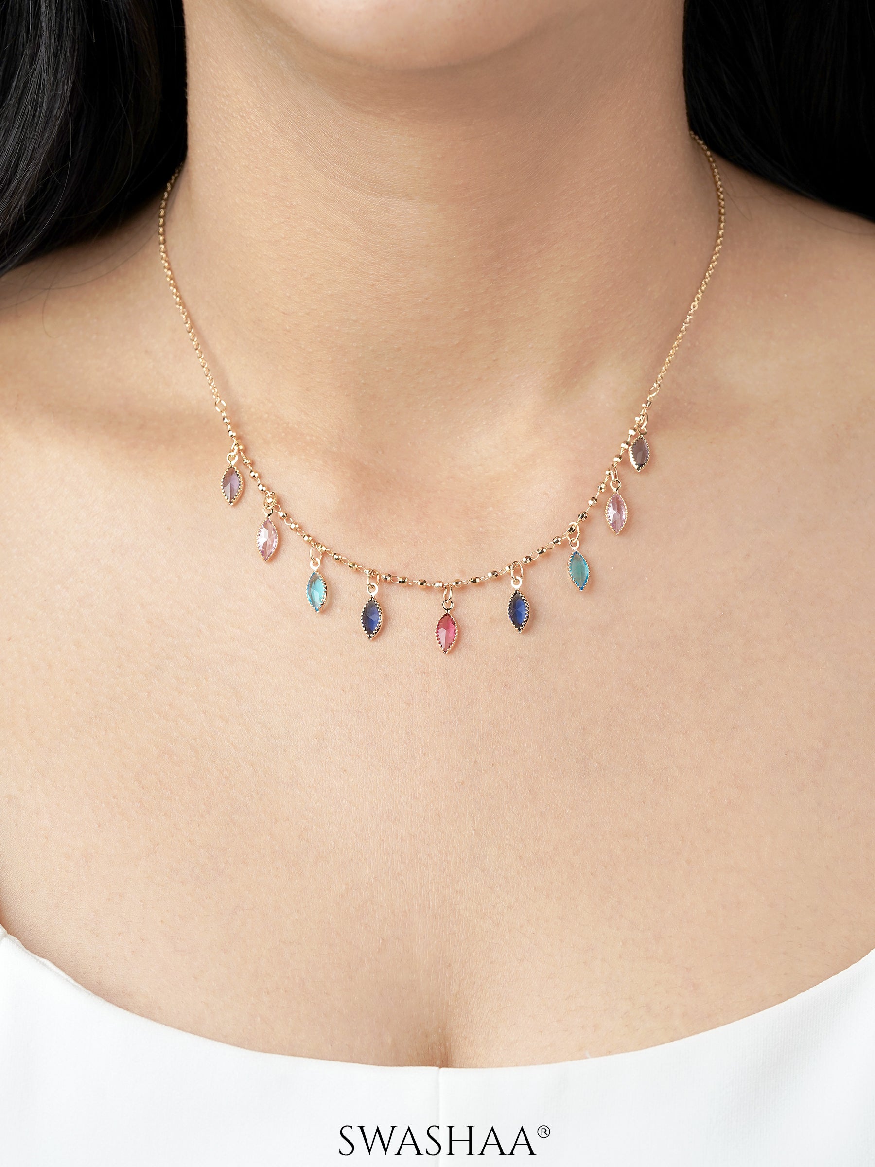 Olivia Crystal Leaf Charms 18K Gold Plated Choker