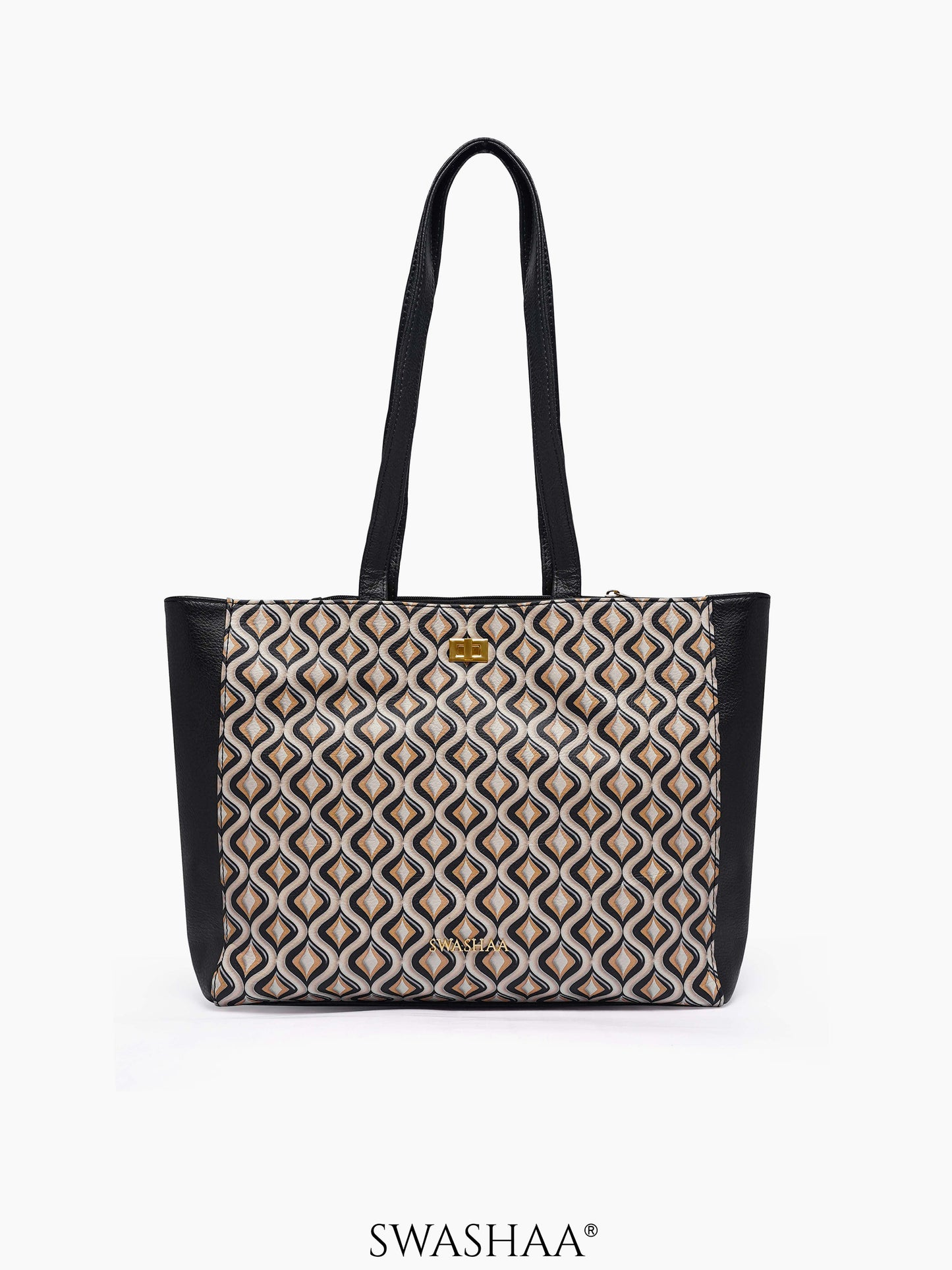 Opal Leather Tote Bag Black - Beige Geo Pattern