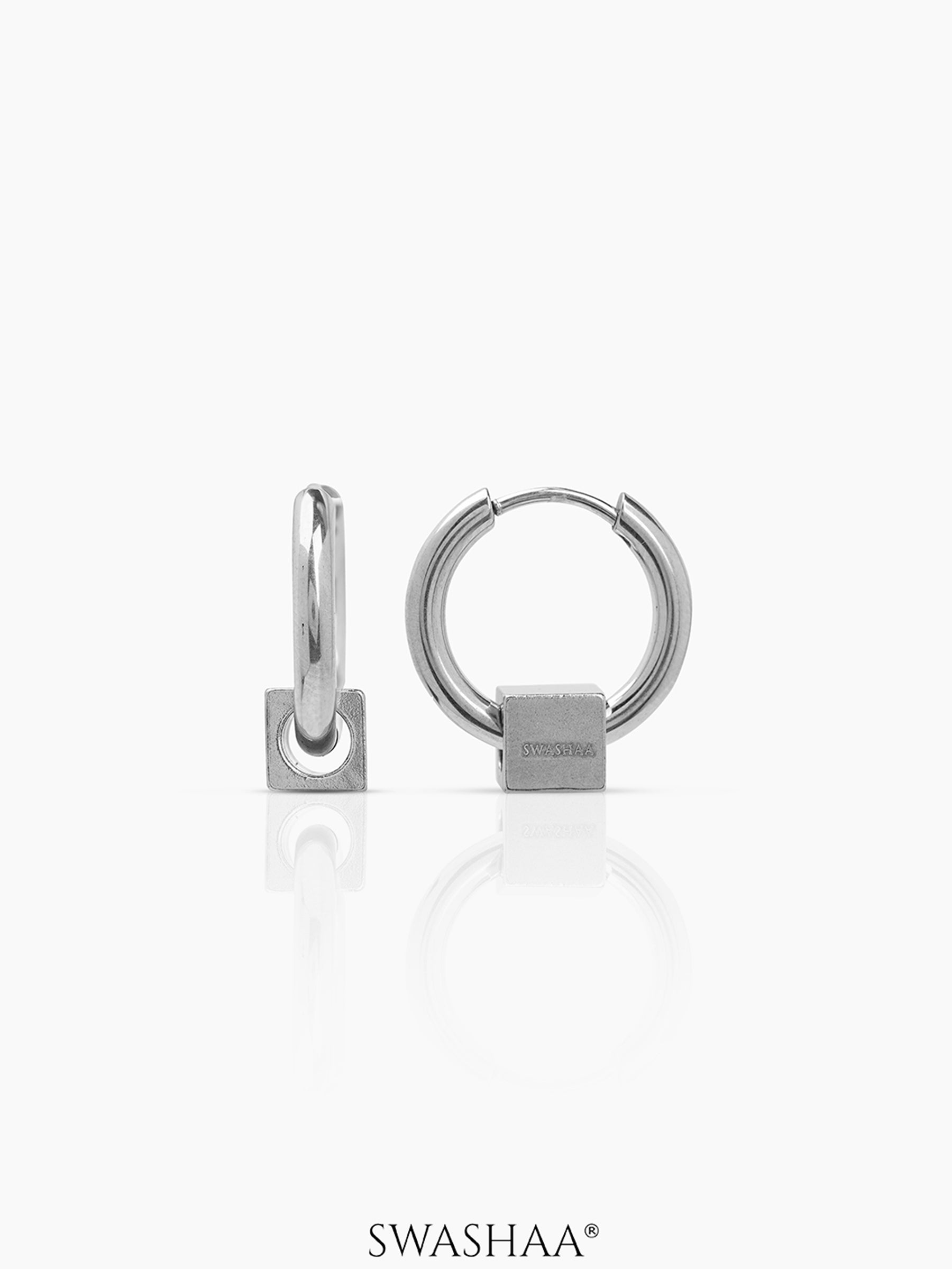 Orin Cube Charm Men's Hoop Earrings Silver