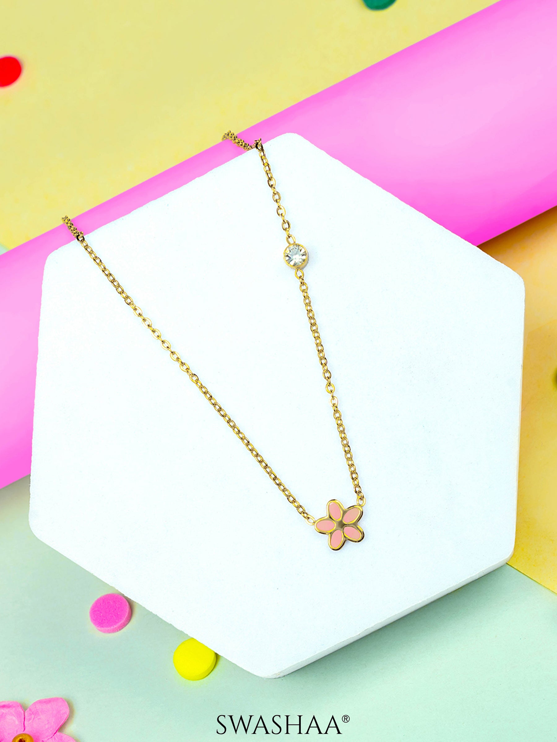 Pretty Pink Flower 18K Gold Plated Kid's Pendant Necklace