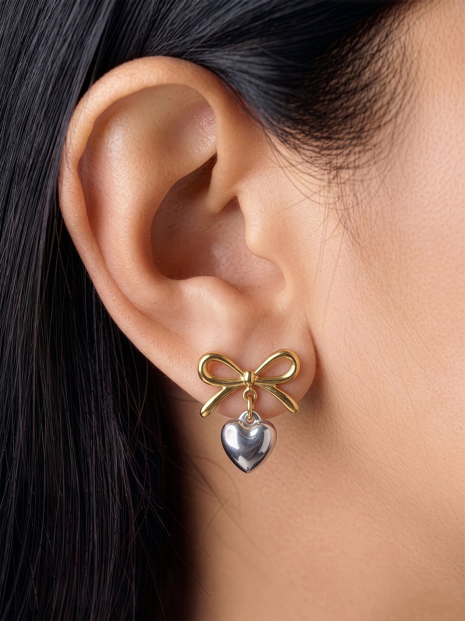 Renora Bow Heart 18K Gold Plated - Silver Earrings