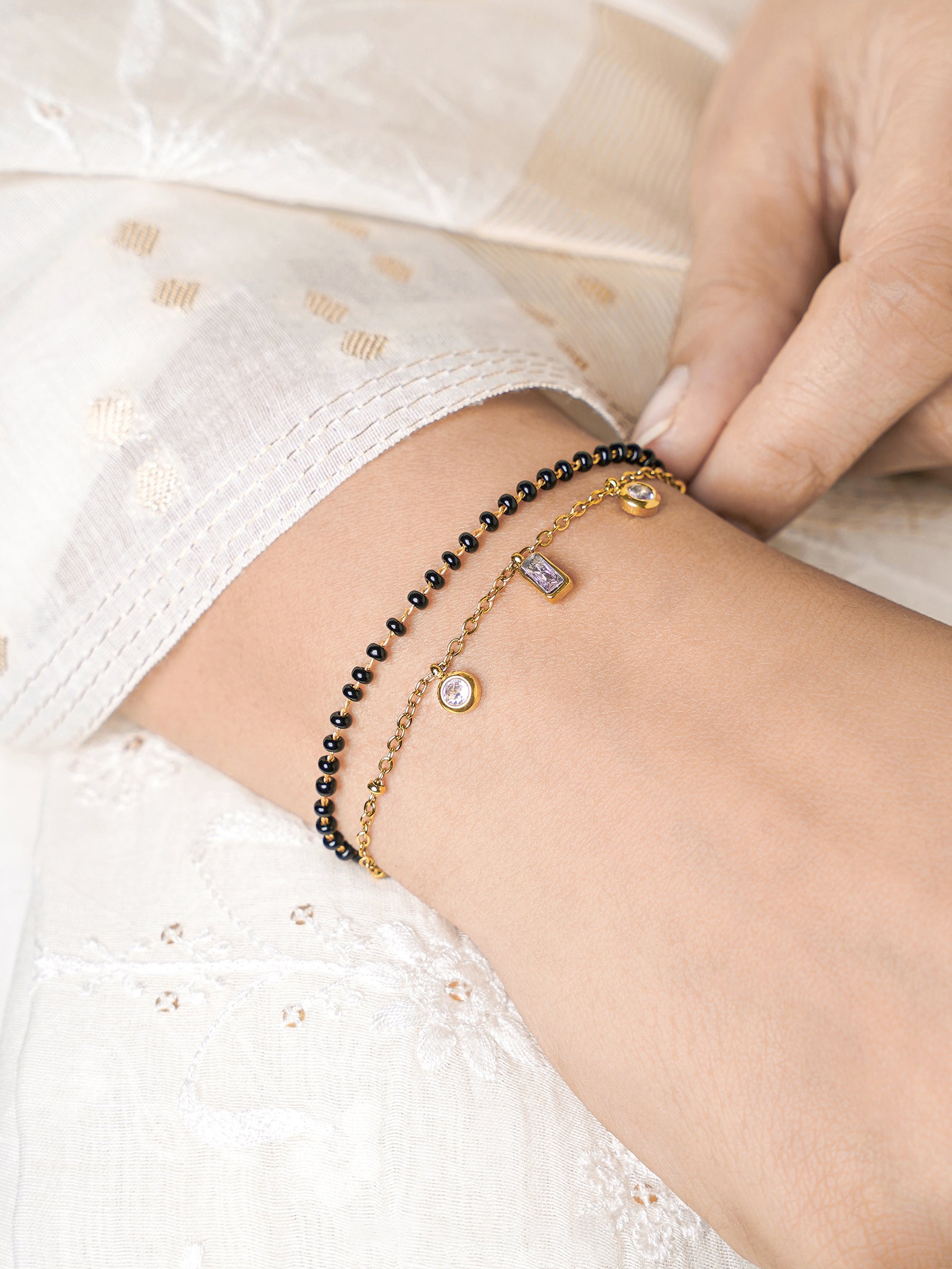 Rivaya Pink Stone 18K Gold Plated Mangalsutra Bracelet