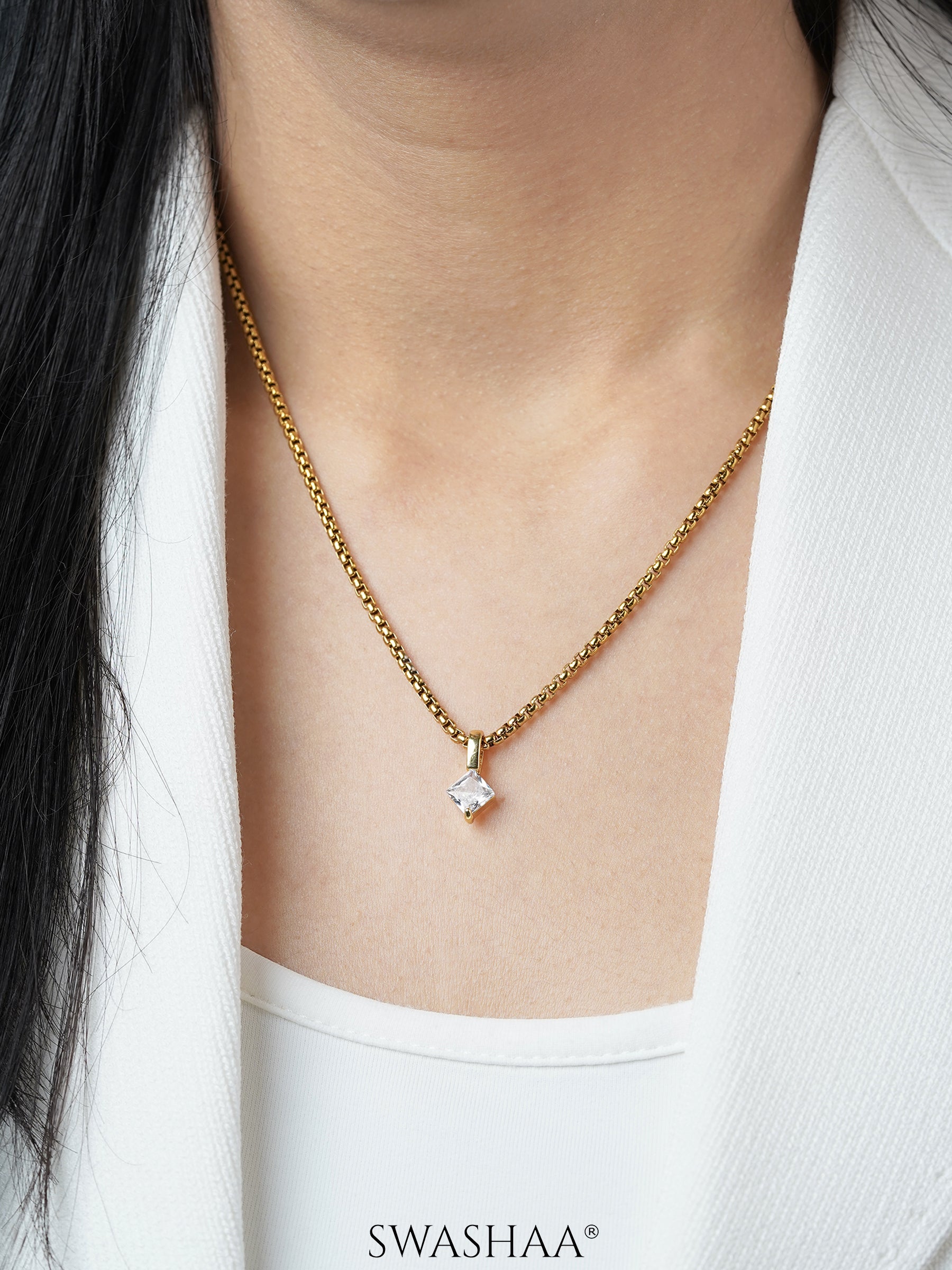 Seana Square Cut Diamond 18K Gold Plated Necklace