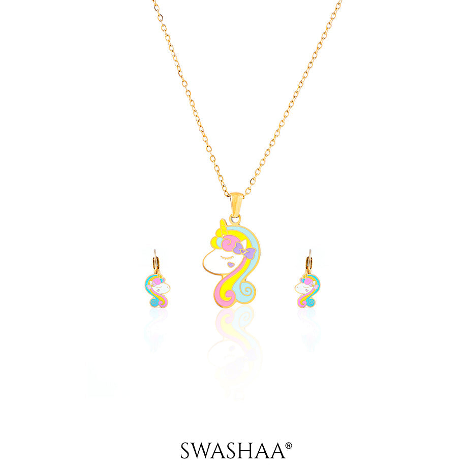 Unicorn Face 18K Gold Plated Kid's Pendant Necklace Set Gold