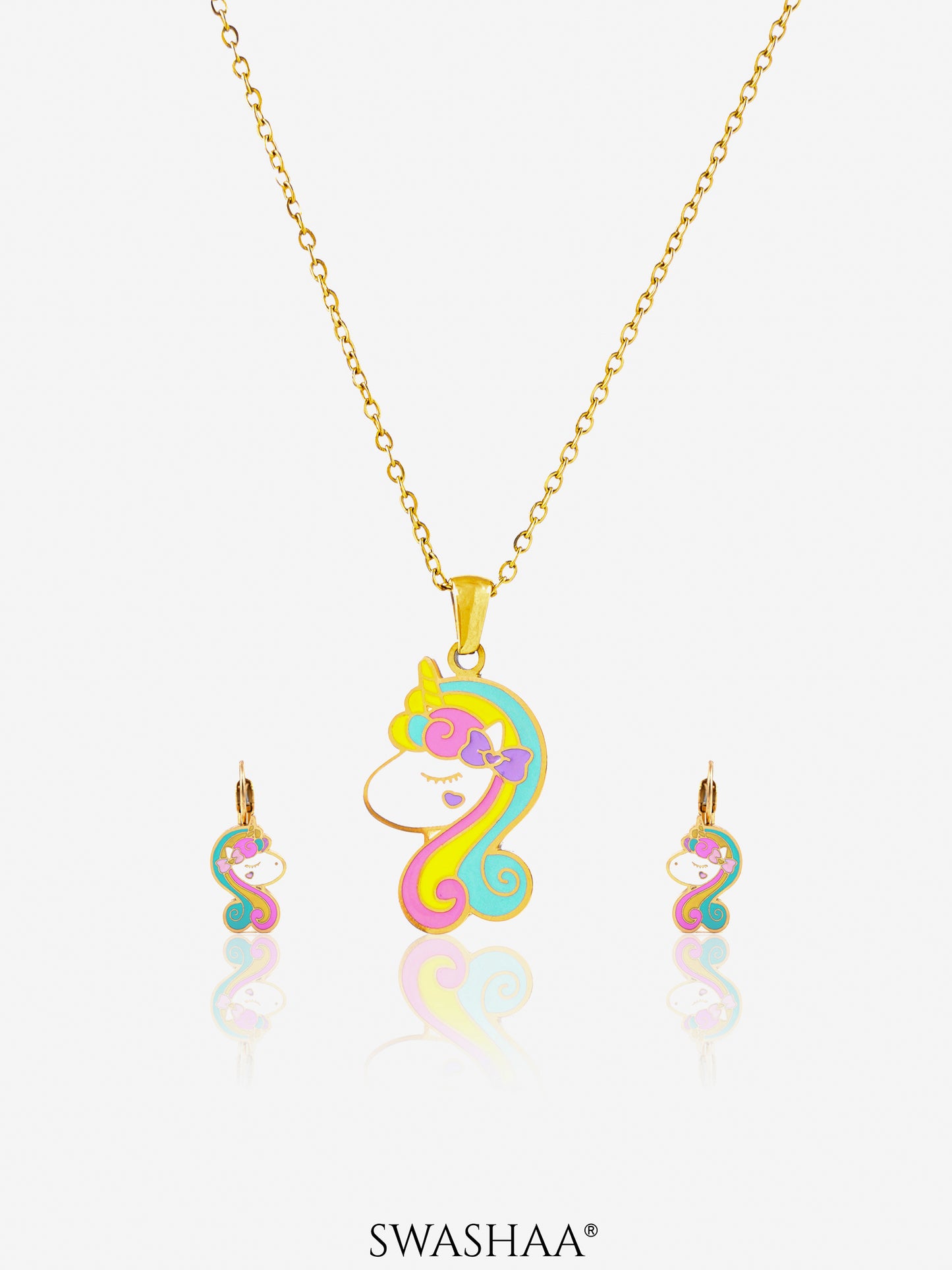 Unicorn Face 18K Gold Plated Kid's Pendant Necklace Set Gold