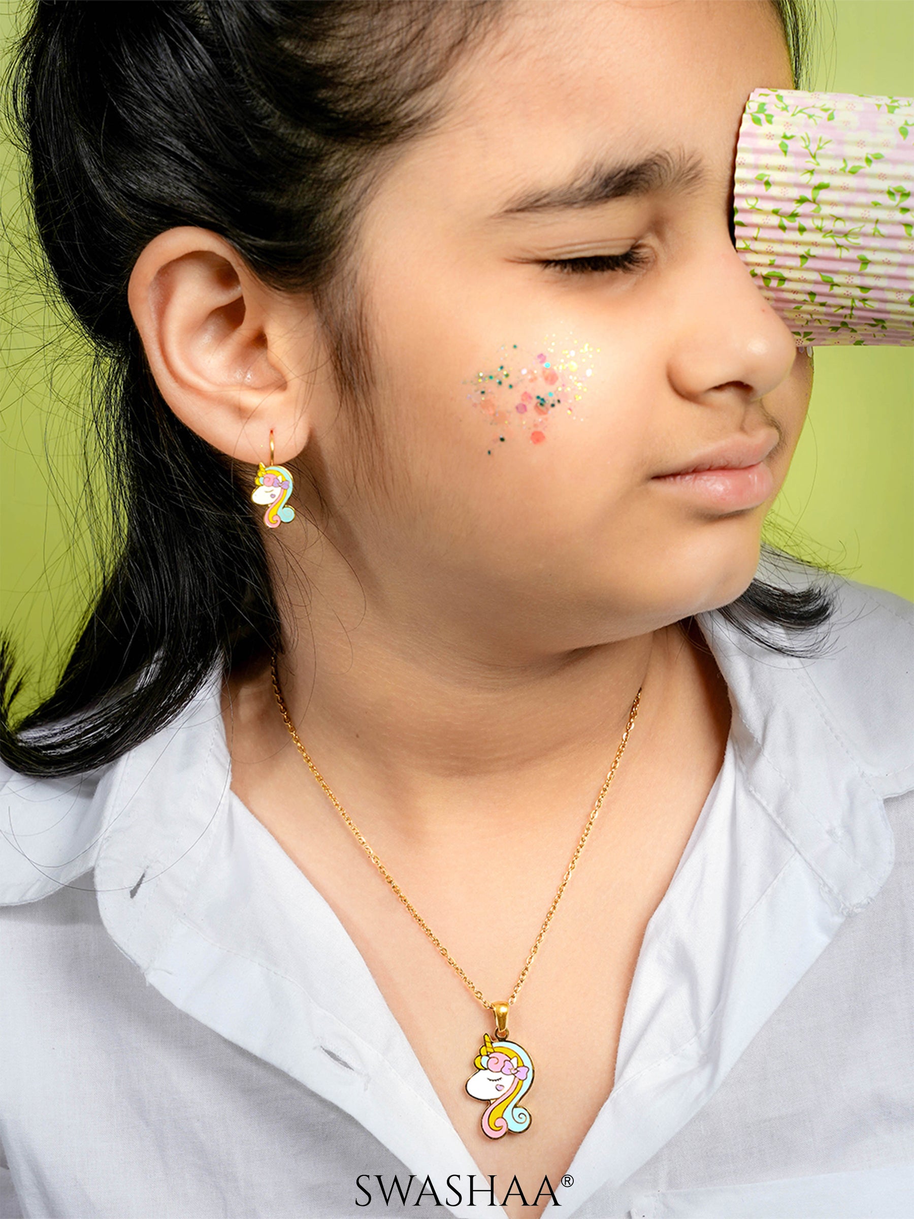 Unicorn Face 18K Gold Plated Kid's Pendant Necklace Set