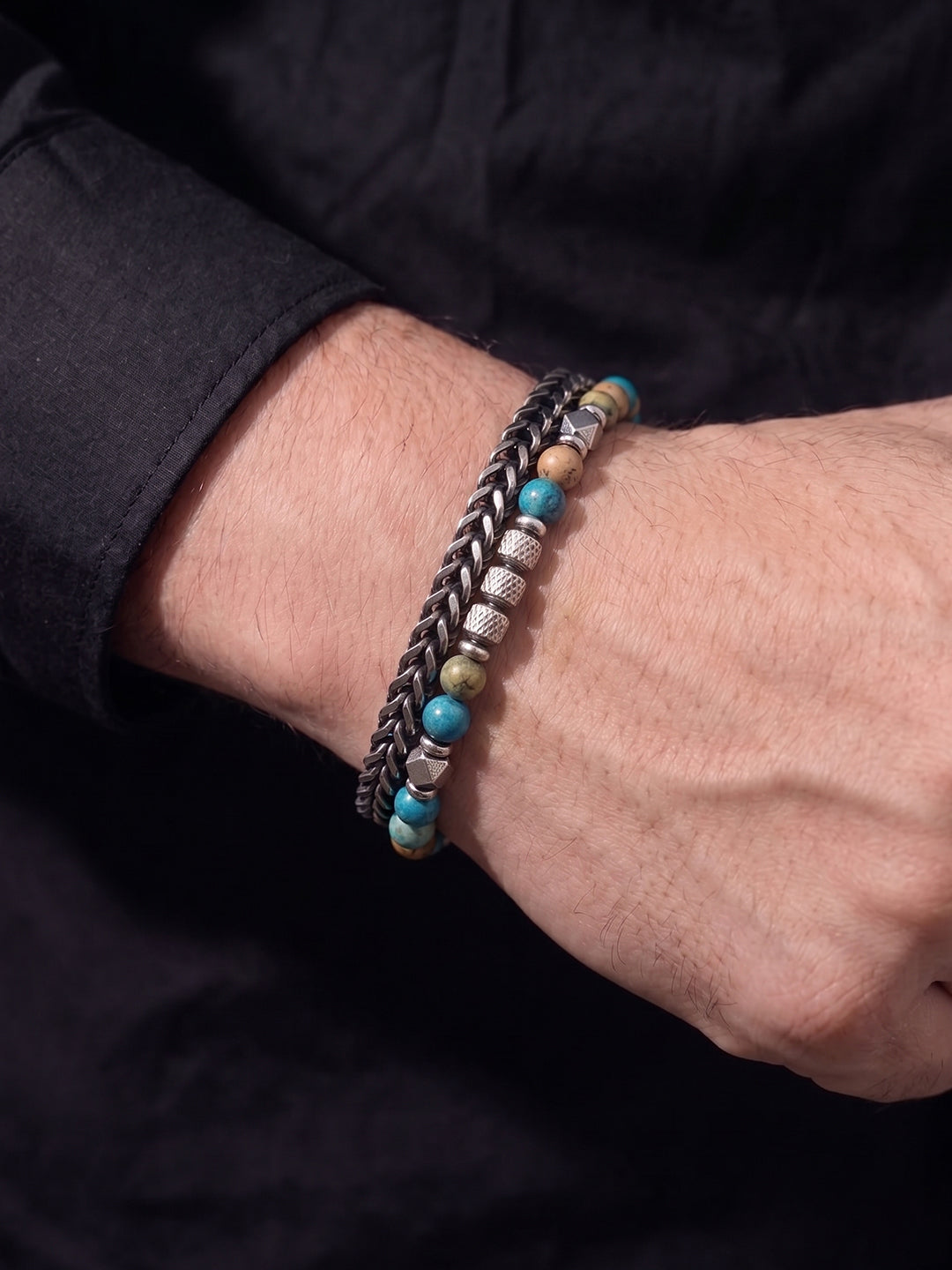 Zayron Beaded Black - Silver Men’s Chain Bracelet