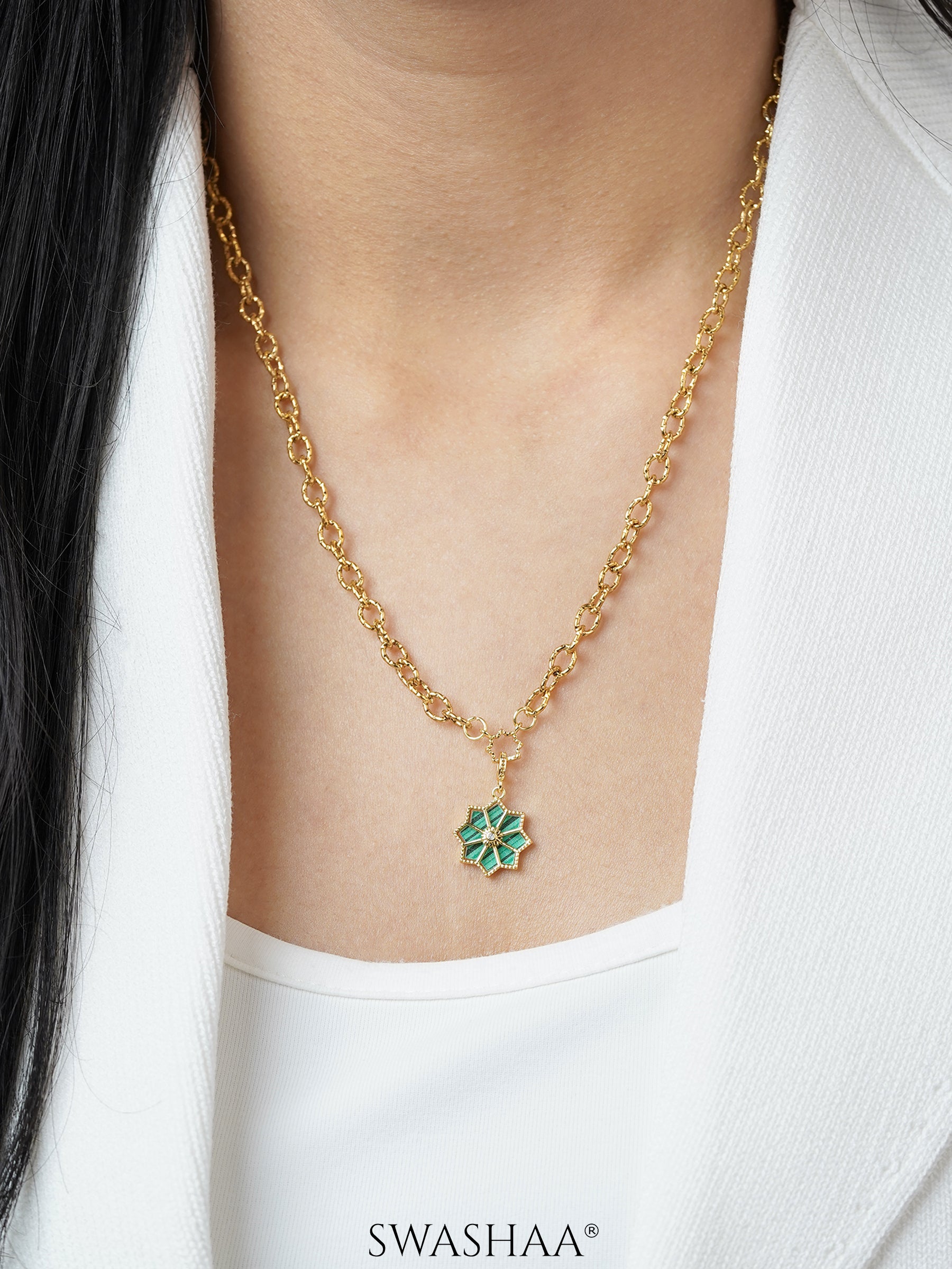 Zinnia Green Jade Blossom 18K Gold Plated Necklace