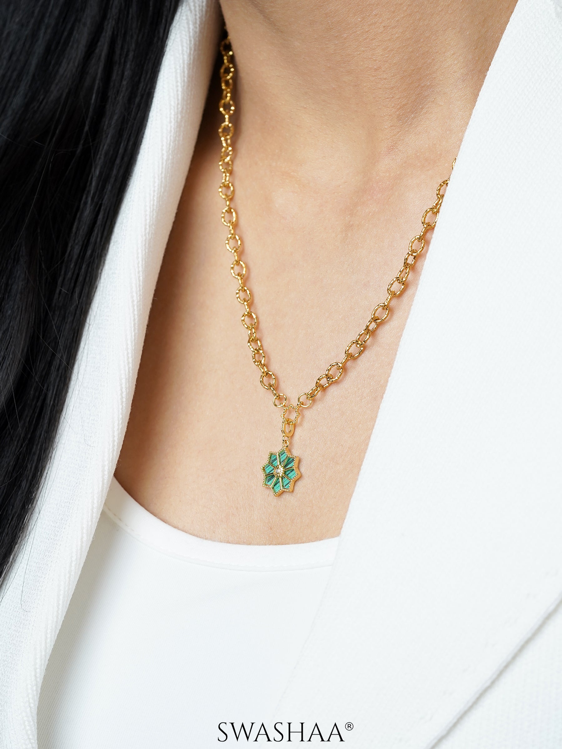 Zinnia Green Jade Blossom 18K Gold Plated Necklace