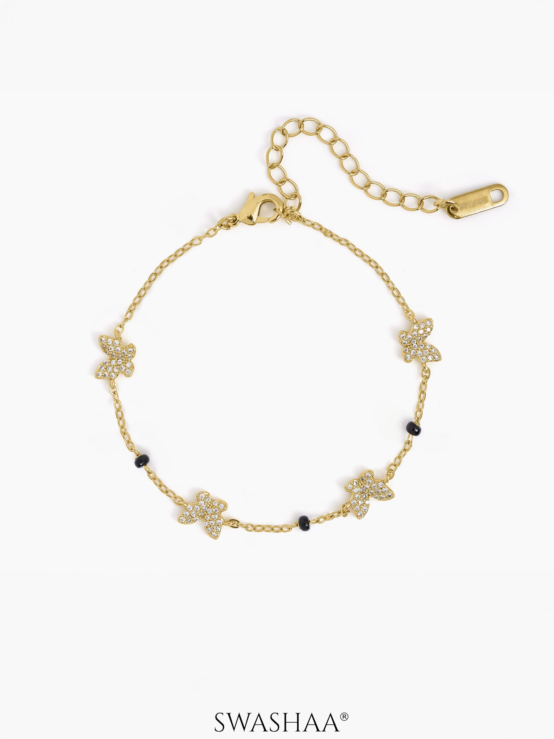 Aarini Butterfly Motifs Shimmering CZ Diamond 18K Gold Plated Mangalsutra Bracelet