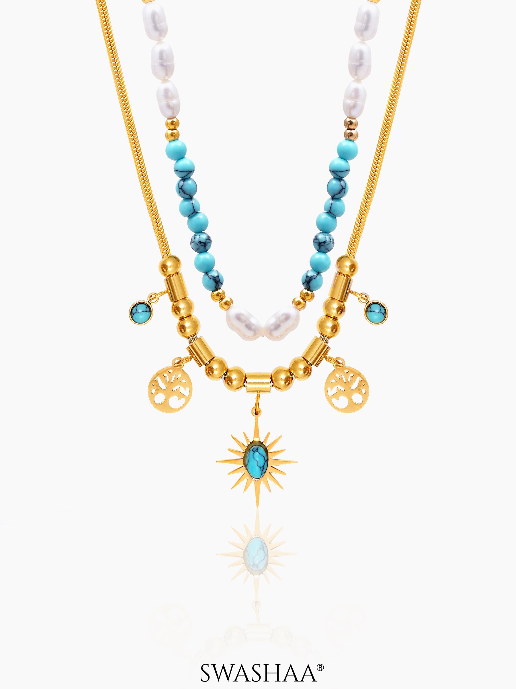 Alira Beaded Layered Celestial Charm 18K Gold Plated Necklace Gold