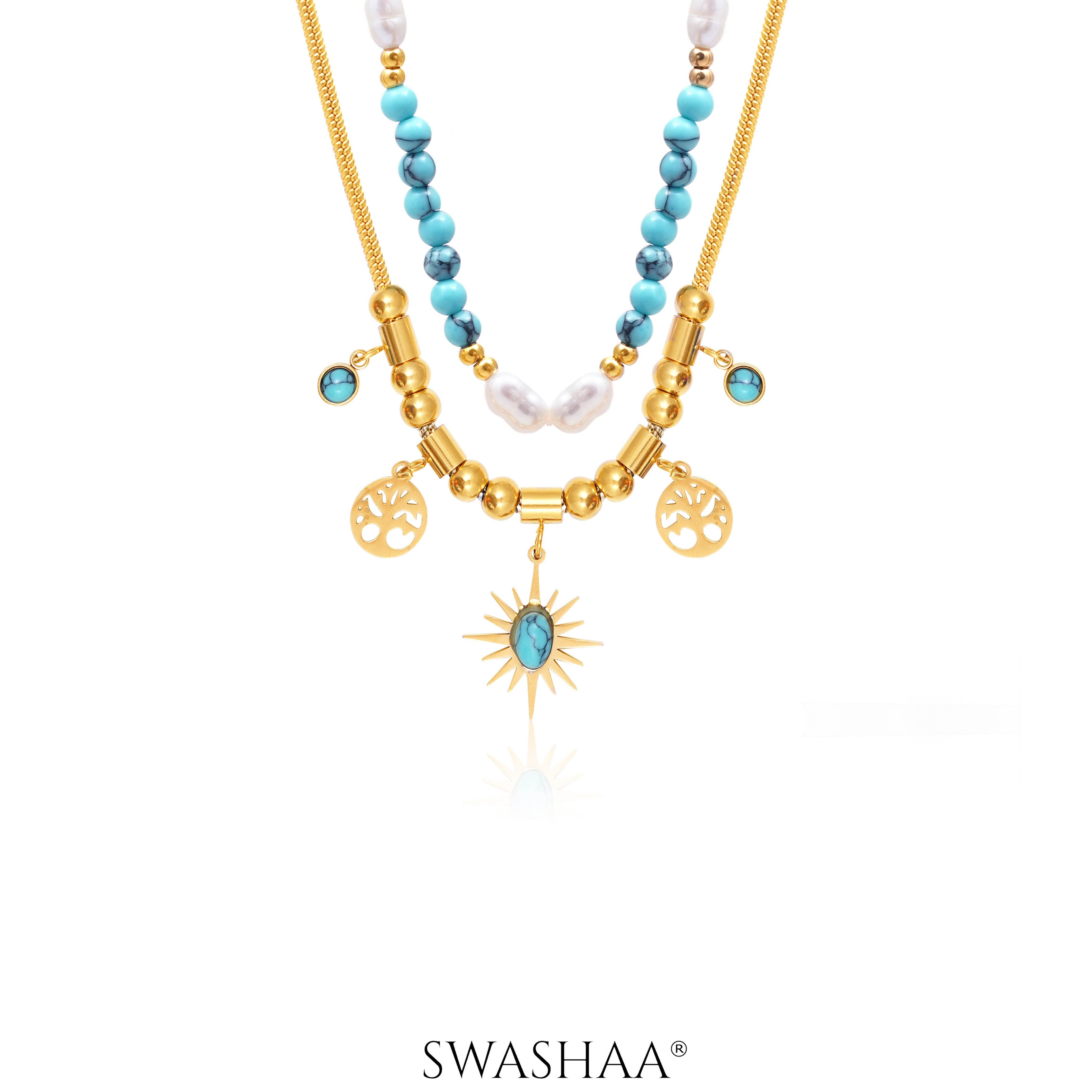 Alira Beaded Layered Celestial Charm 18K Gold Plated Necklace Gold