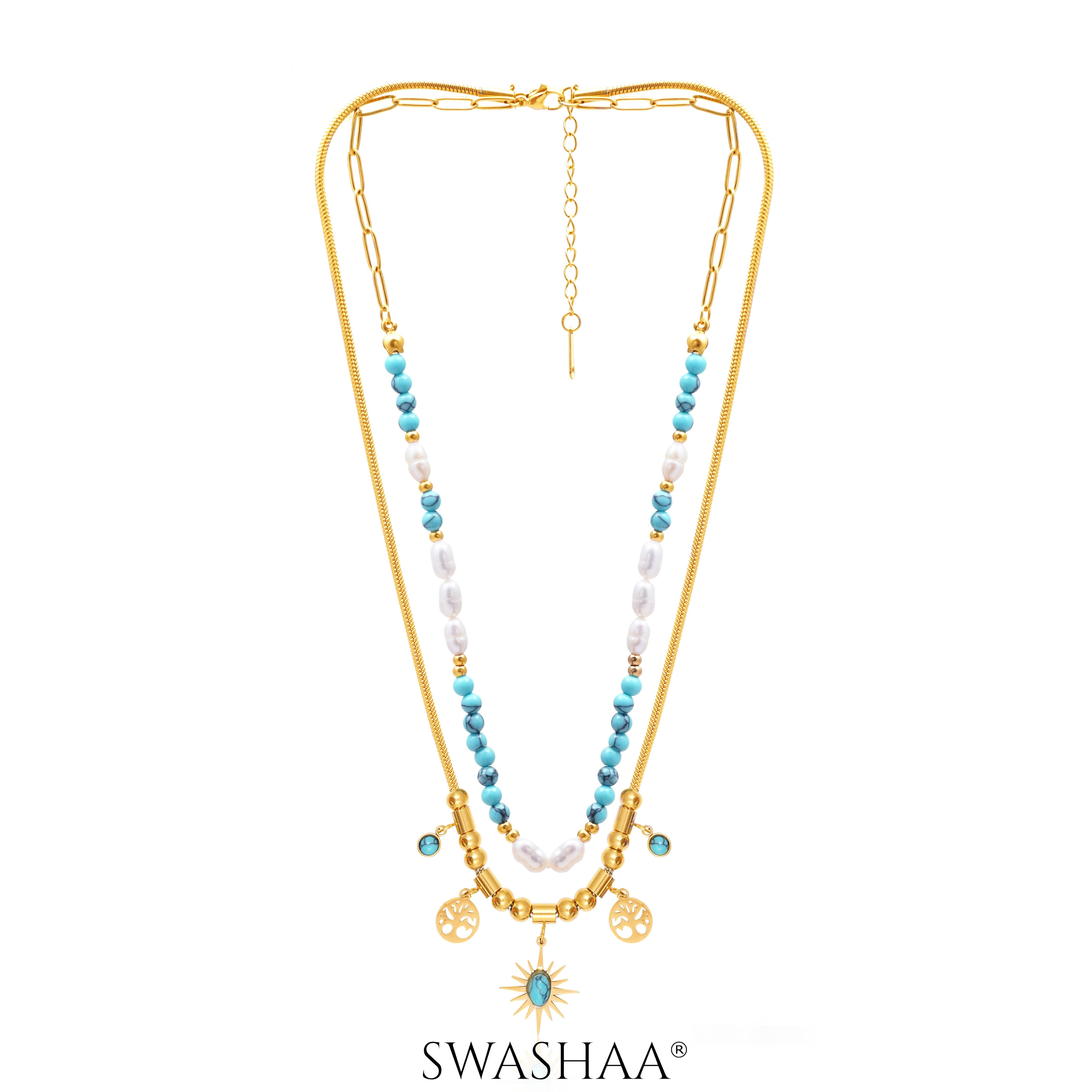 Alira Beaded Layered Celestial Charm 18K Gold Plated Necklace