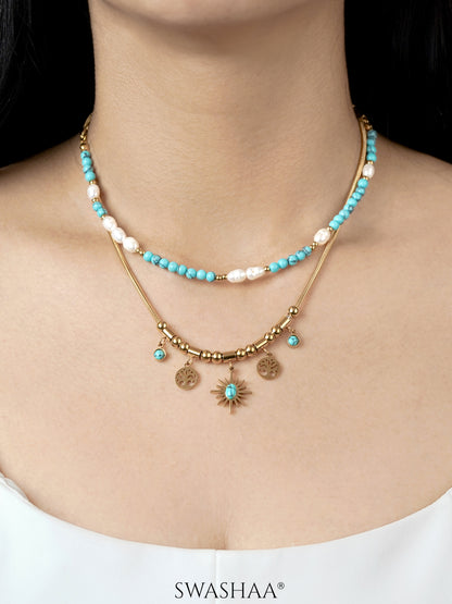 Alira Beaded Layered Celestial Charm 18K Gold Plated Necklace