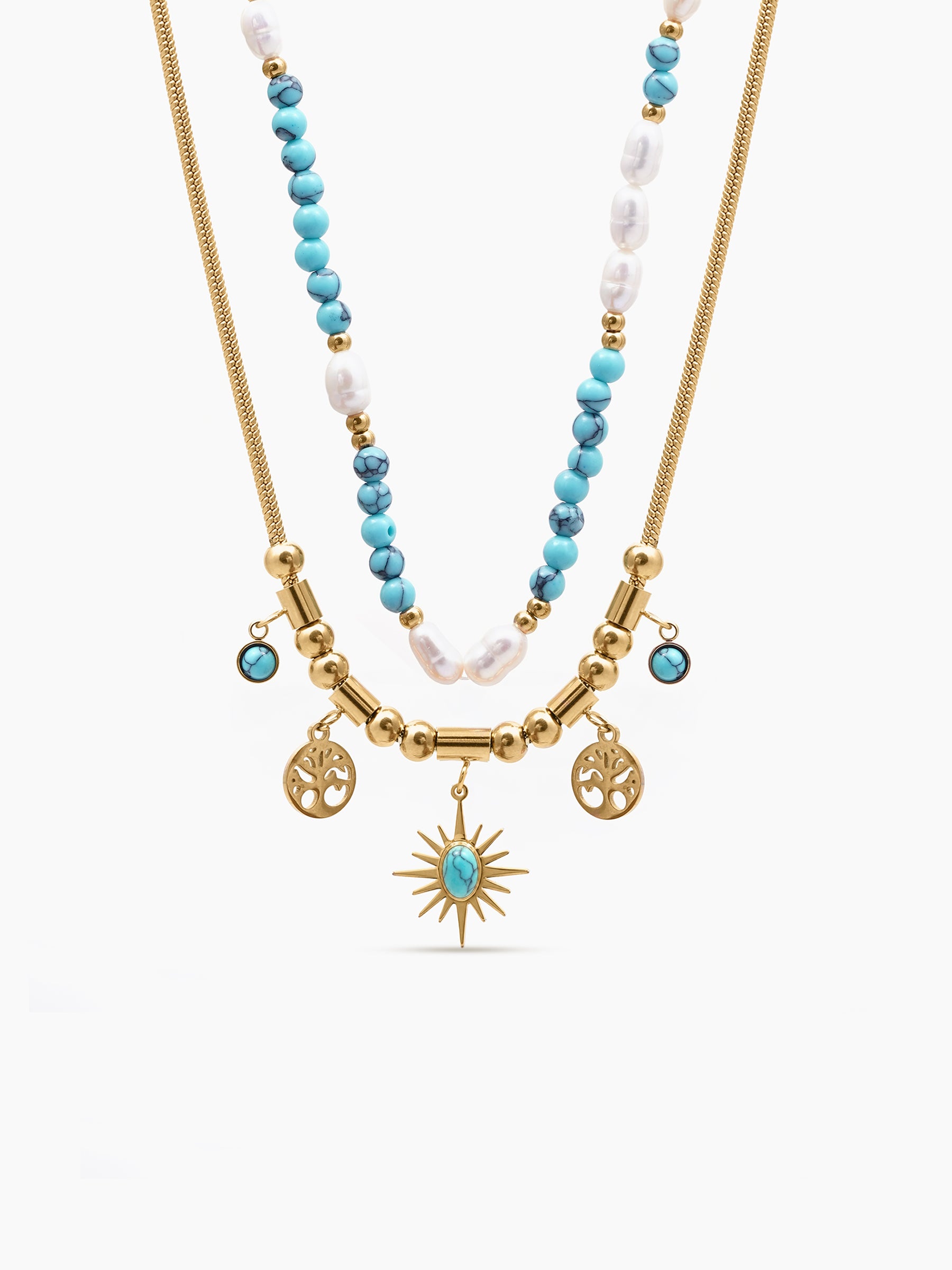 Alira Beaded Layered Celestial Charm 18K Gold Plated Necklace